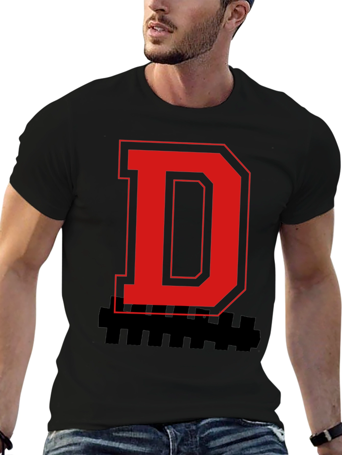 Bold Letter Graphic Tee - Red D on Black