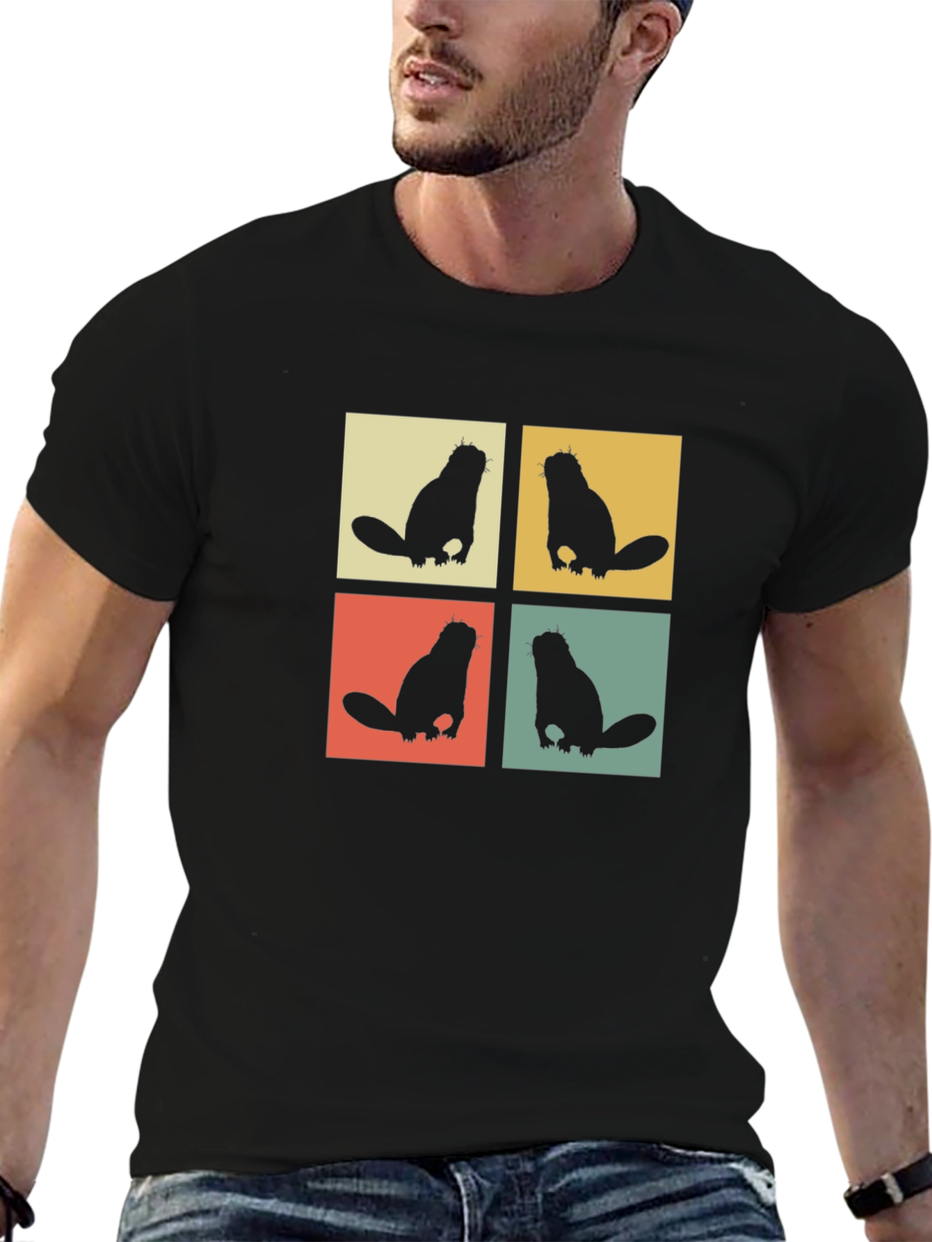 Retro Beaver T-Shirt Black Crew Neck Tee