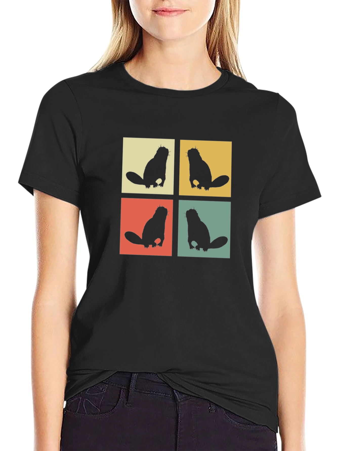 Retro Beaver T-Shirt Black Crew Neck Tee