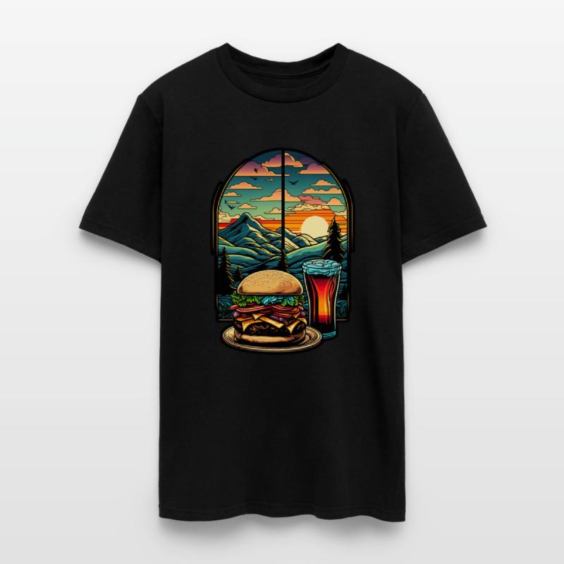 Church window with hamburger burger and drink