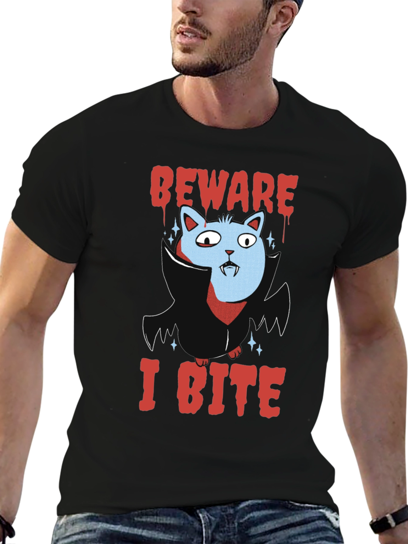 Beware I Bite T-Shirt Halloween Cat Vampire