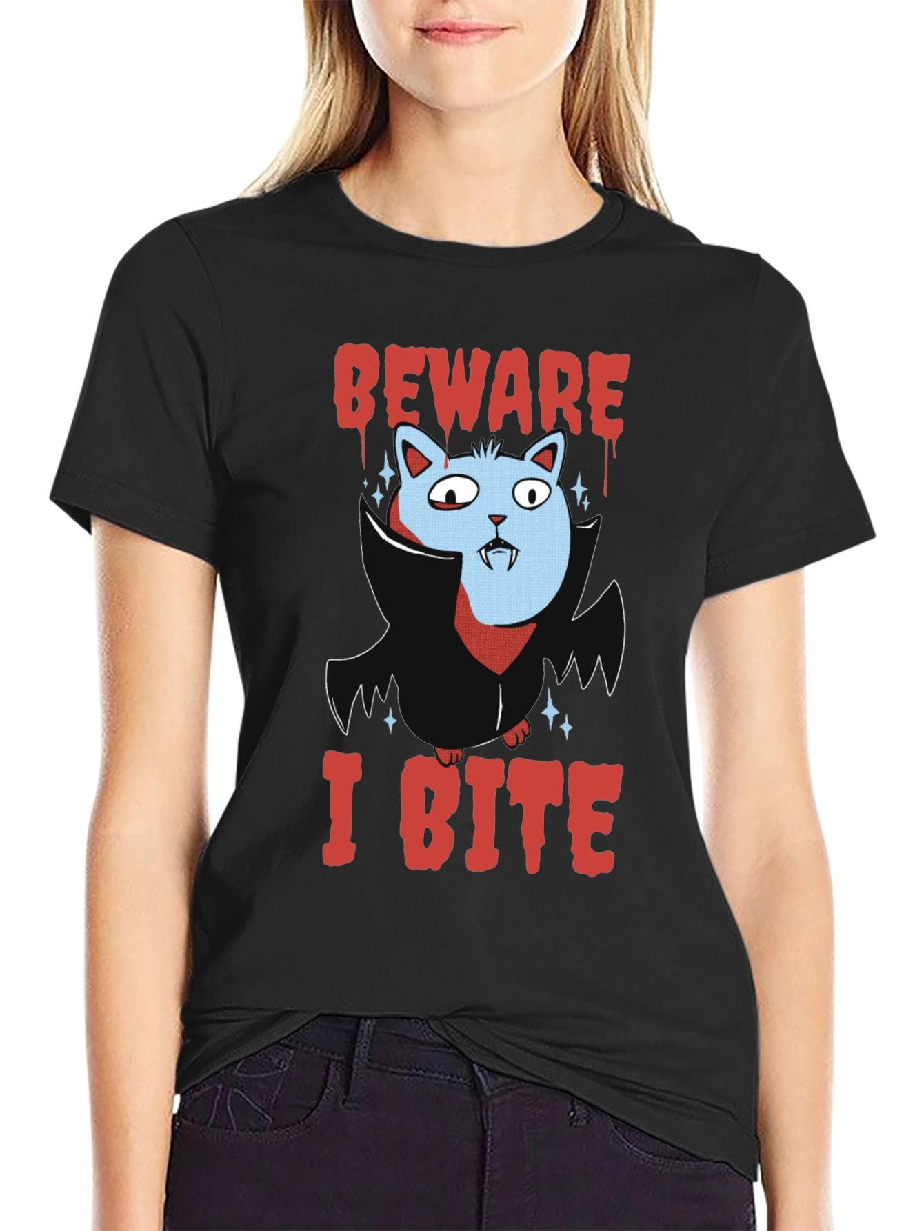 Beware I Bite T-Shirt Halloween Cat Vampire