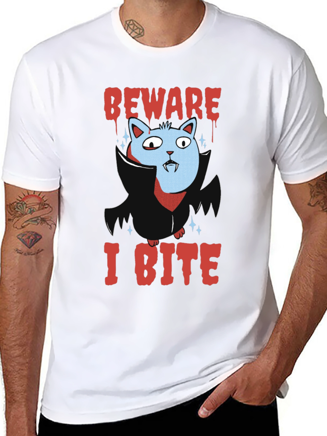 Beware I Bite T-Shirt Halloween Cat Vampire
