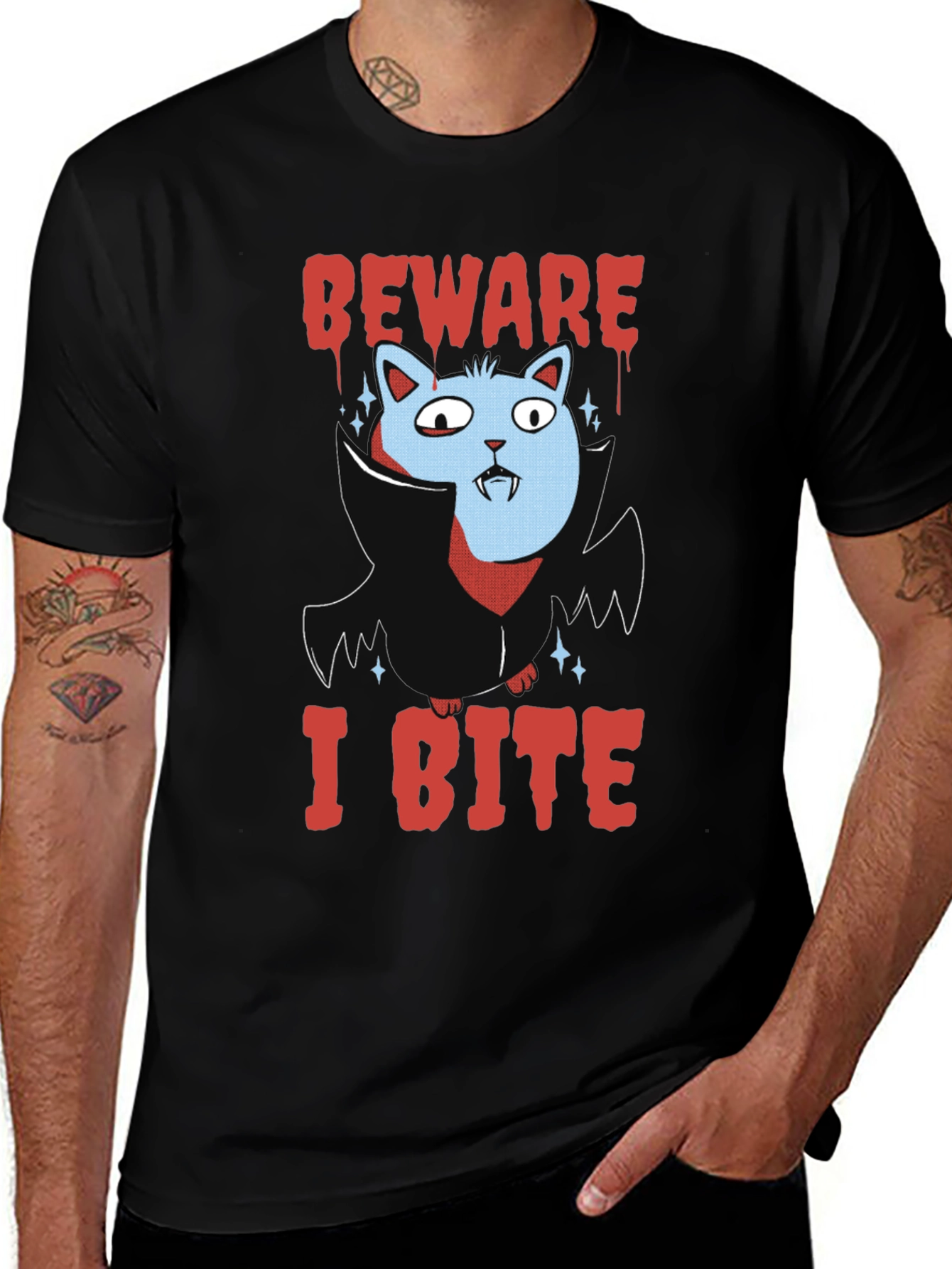 Beware I Bite T-Shirt Halloween Cat Vampire