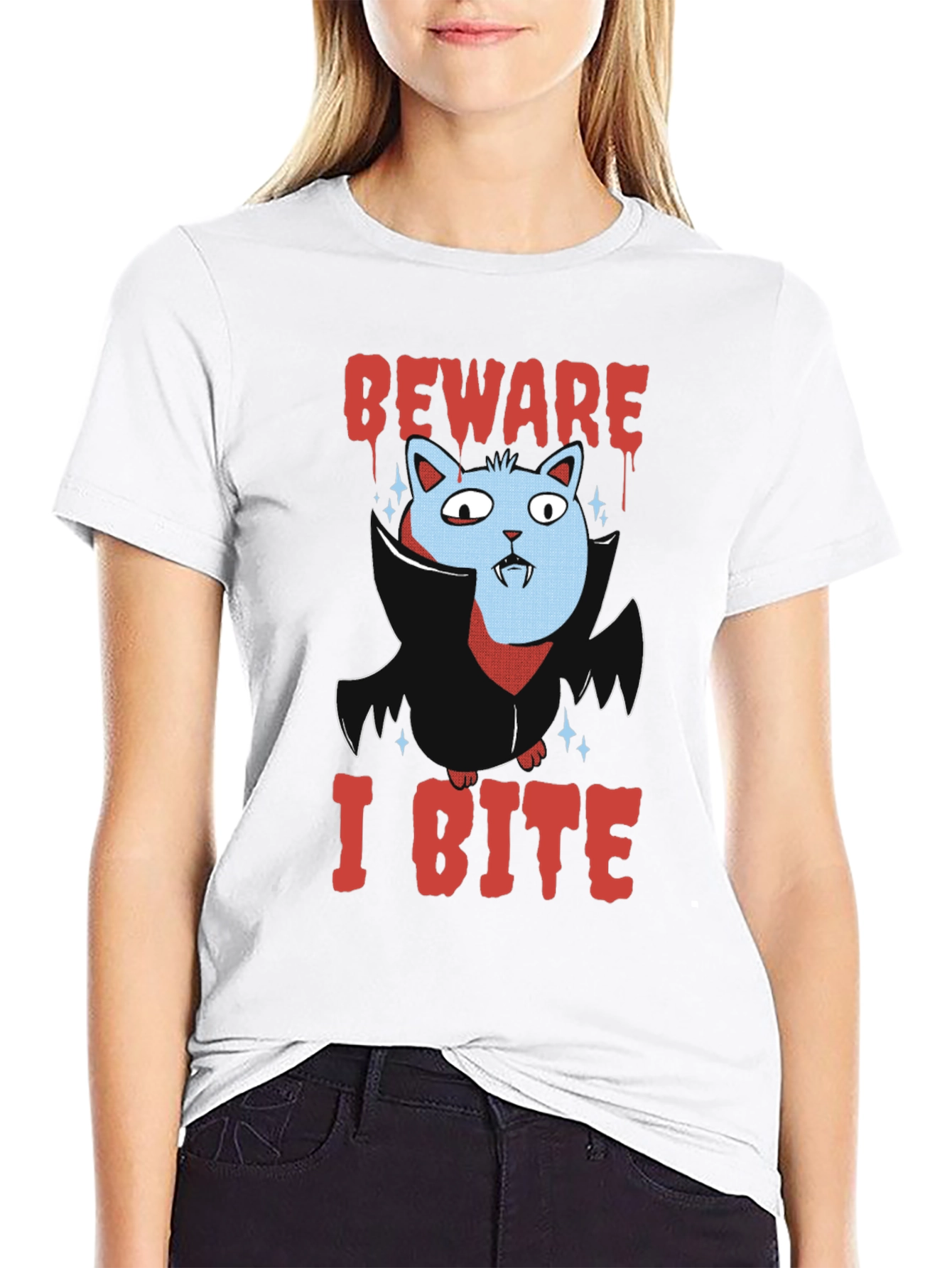 Beware I Bite T-Shirt Halloween Cat Vampire