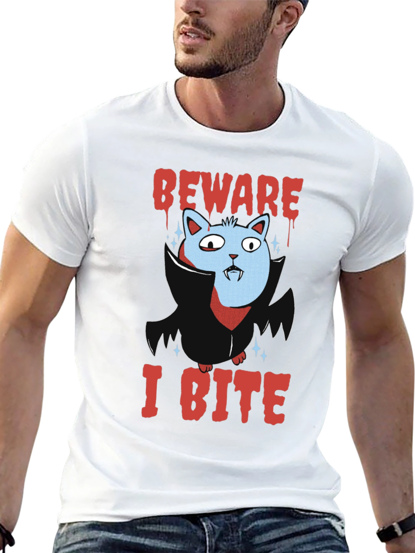 Beware I Bite T-Shirt Halloween Cat Vampire