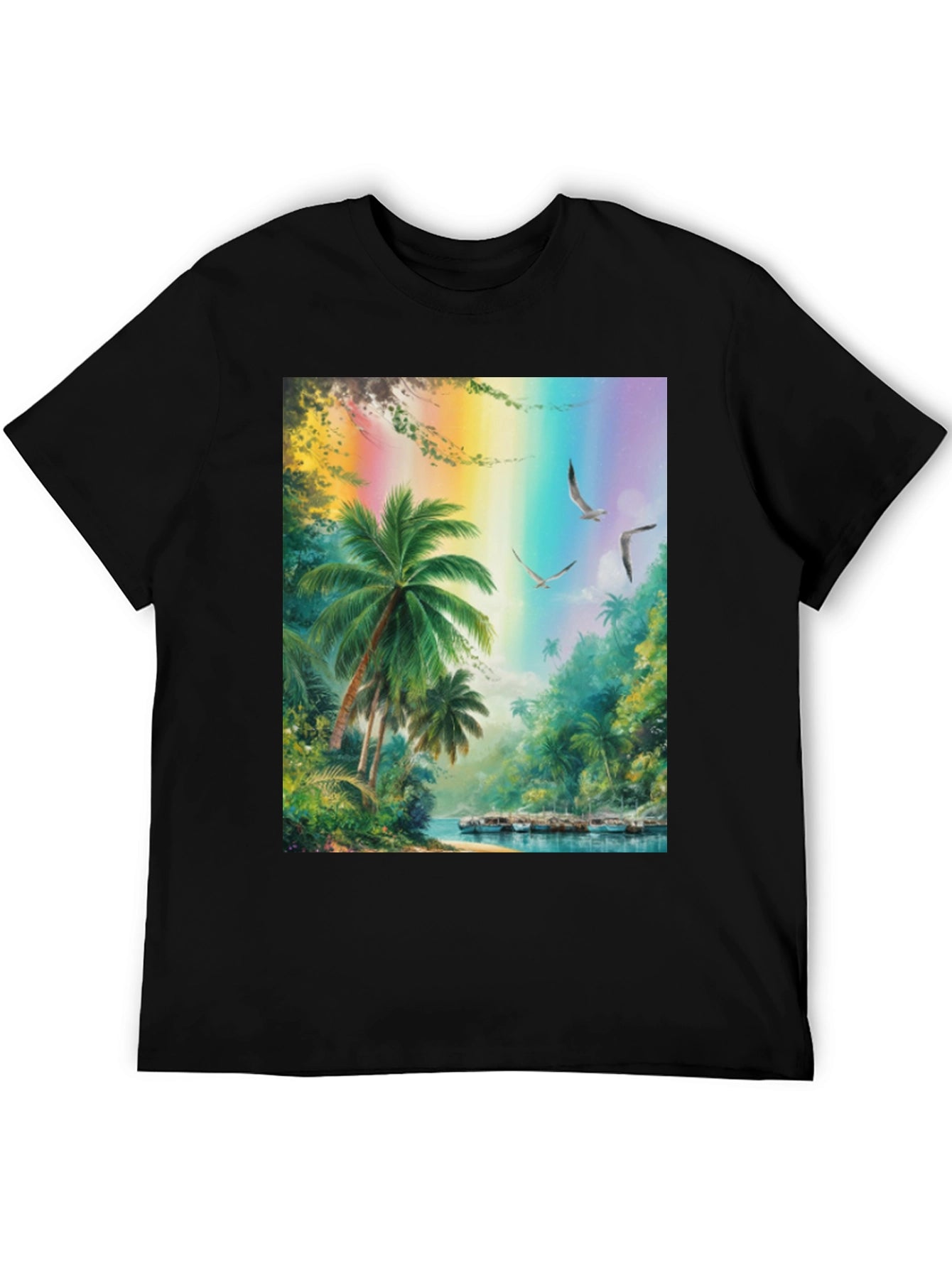 Tropical Island Scene Graphic Tee - Black