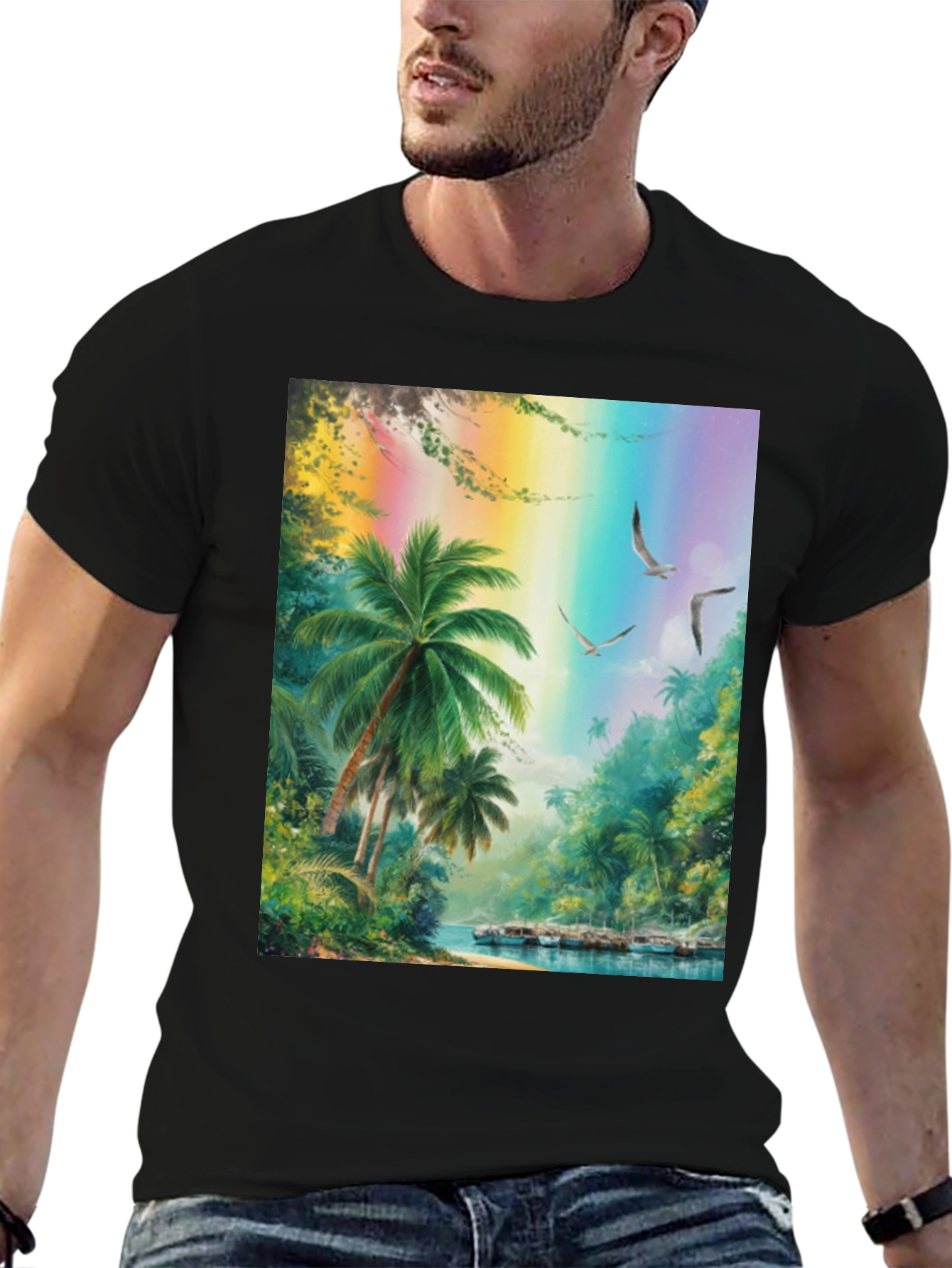 Tropical Island Scene Graphic Tee - Black