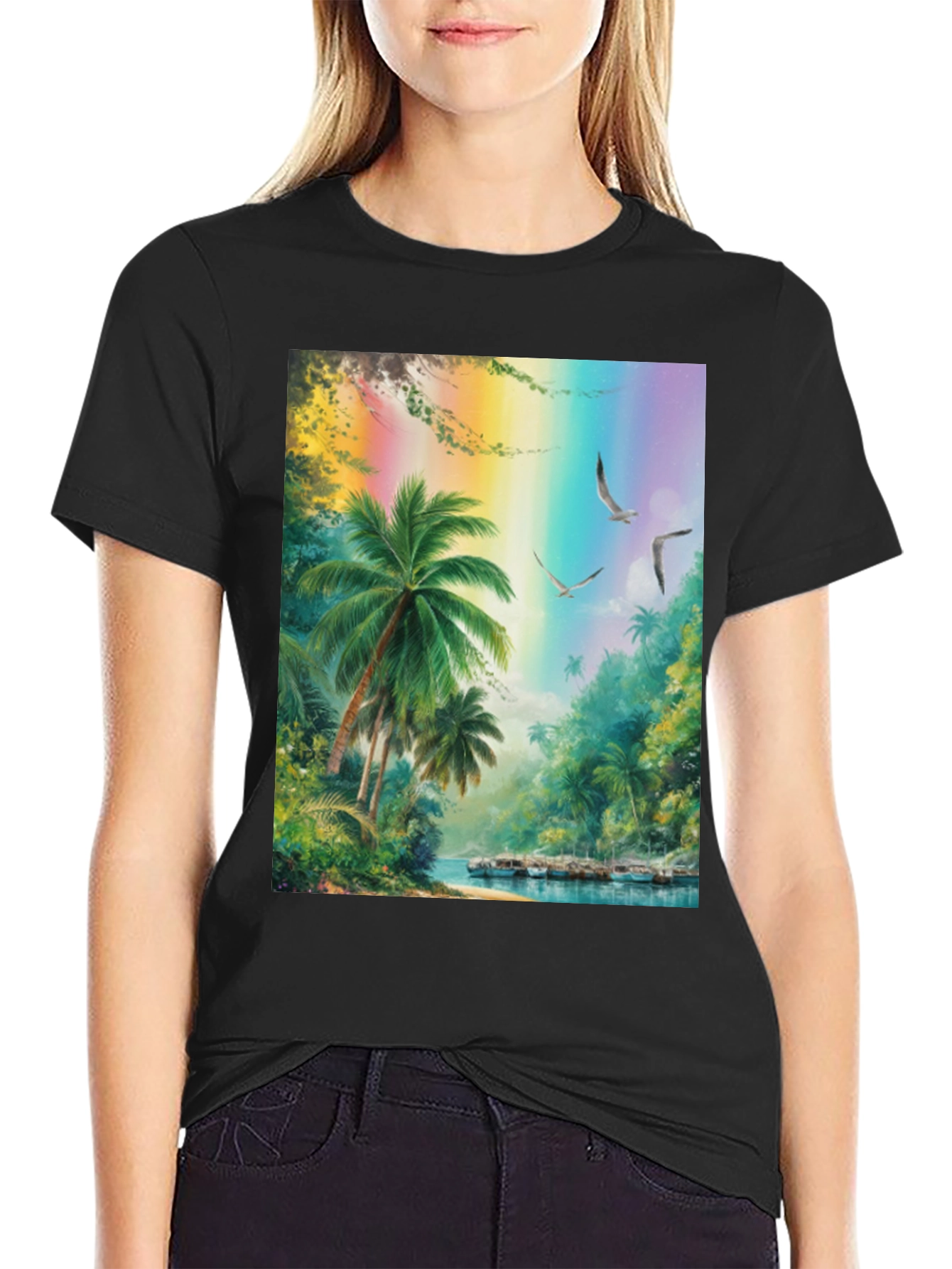 Tropical Island Scene Graphic Tee - Black