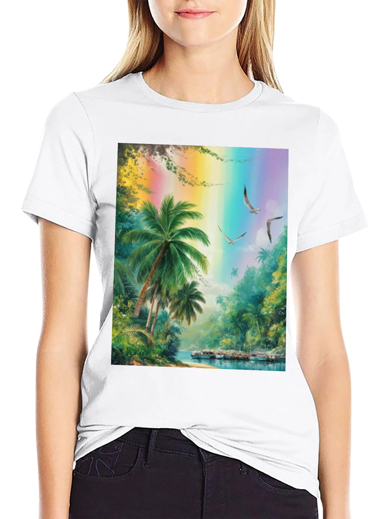 Tropical Island Scene Graphic Tee - Black
