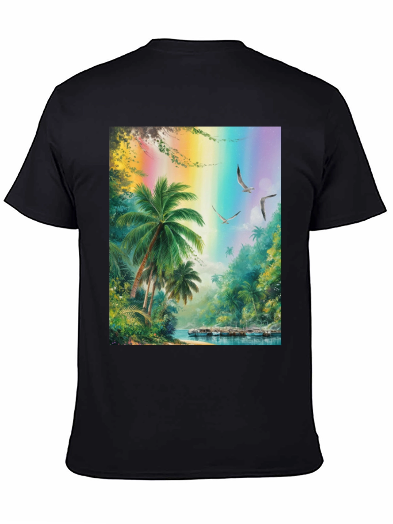 Tropical Island Scene Graphic Tee - Black