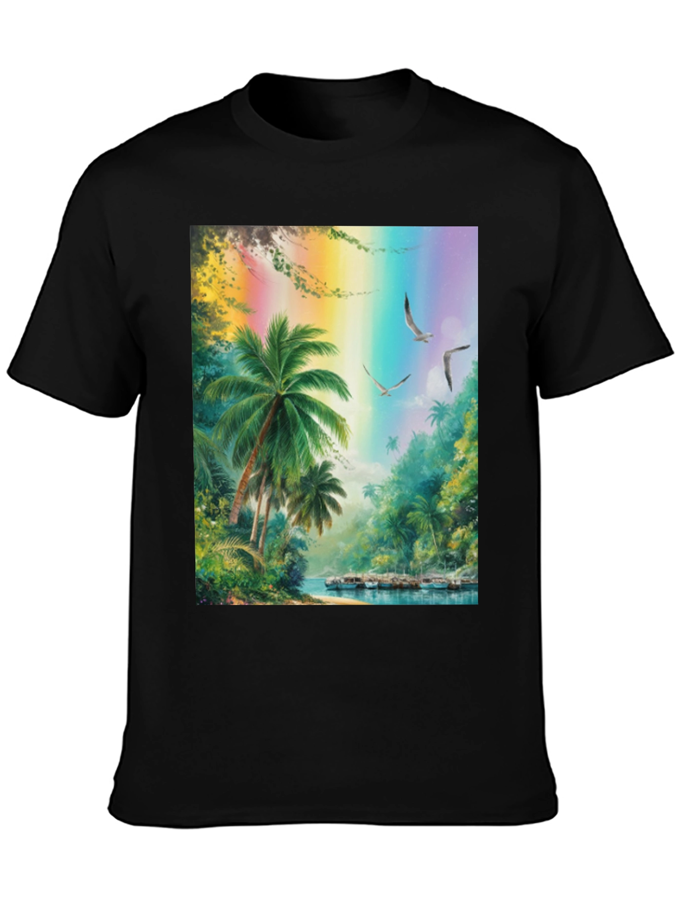 Tropical Island Scene Graphic Tee - Black