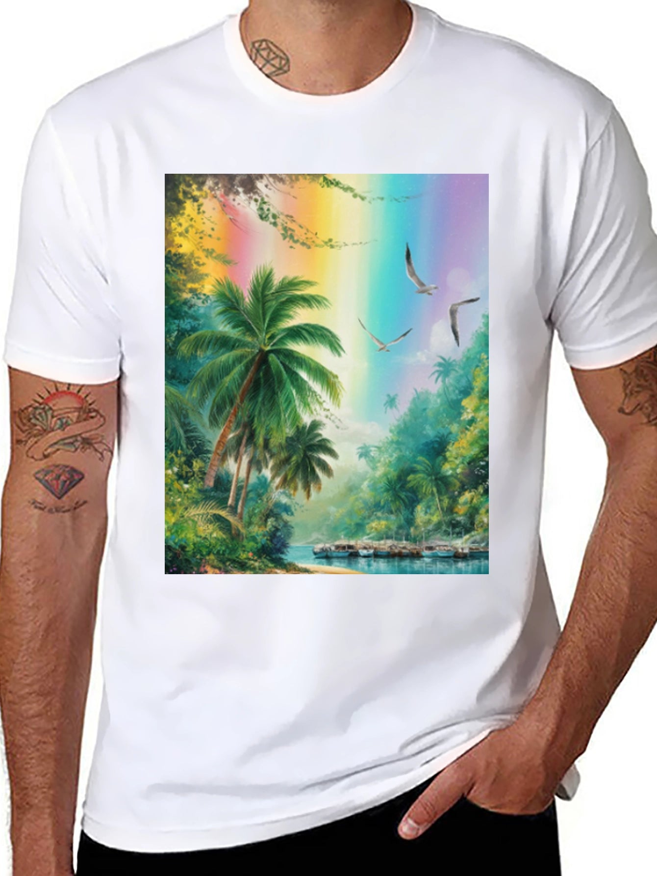 Tropical Island Scene Graphic Tee - Black