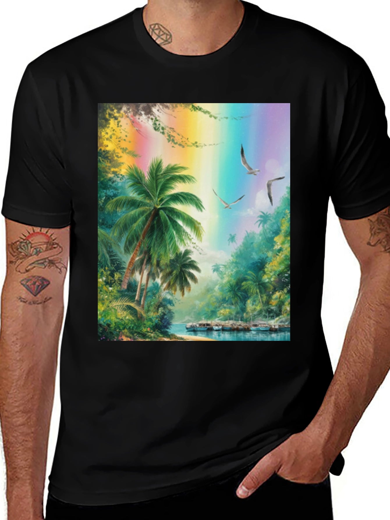 Tropical Island Scene Graphic Tee - Black