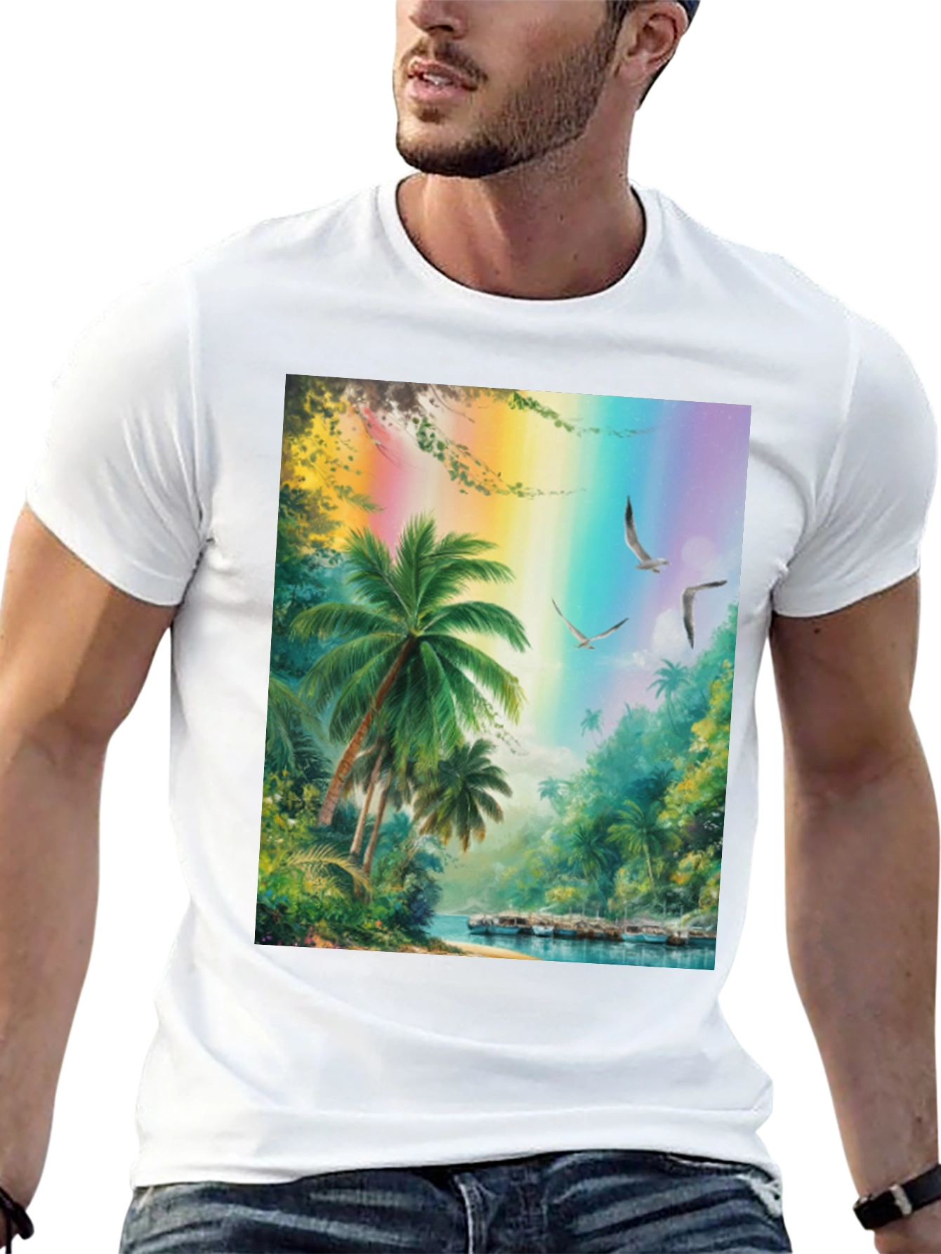 Tropical Island Scene Graphic Tee - Black