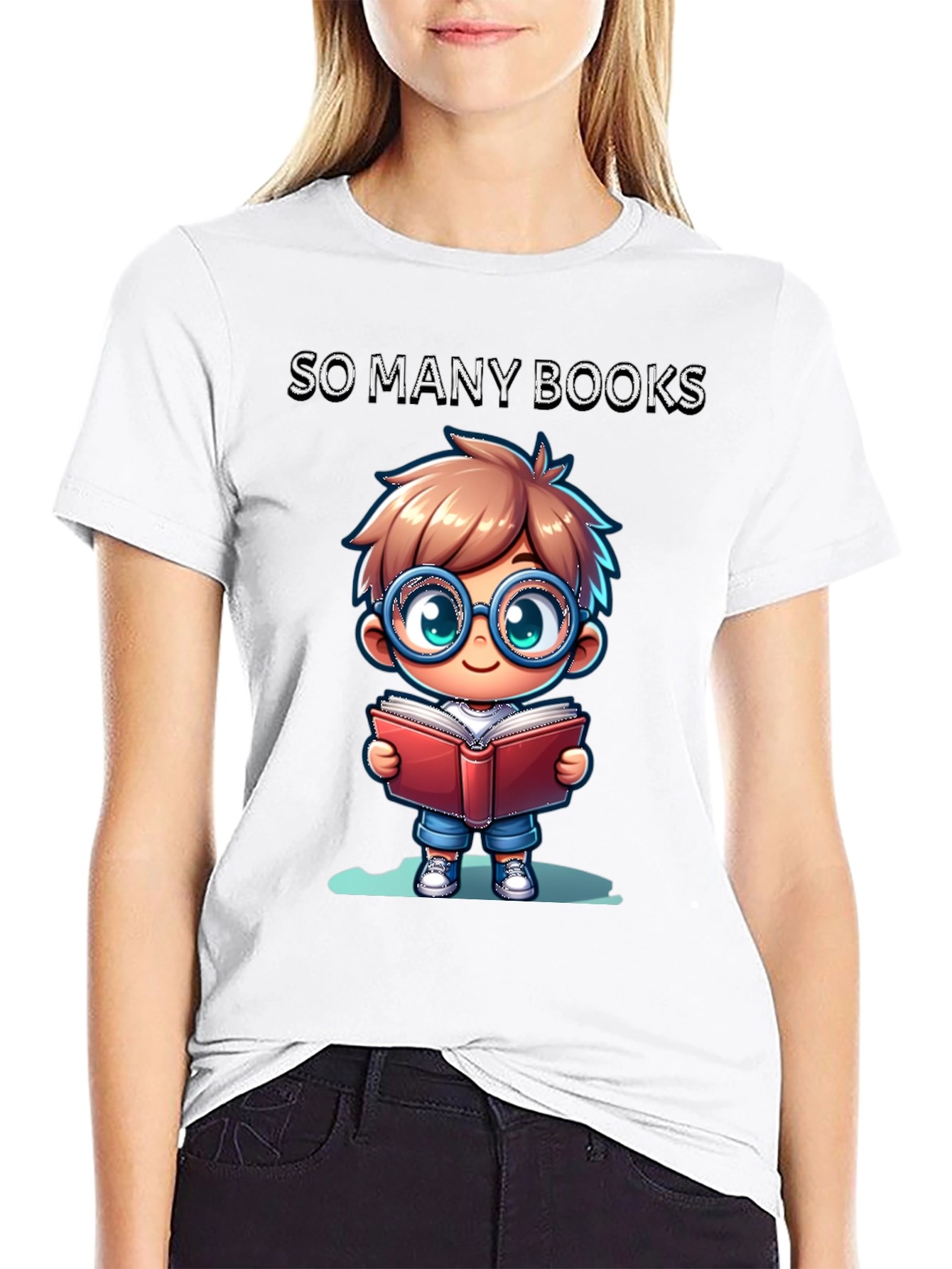 So Many Books T-Shirt: Cartoon Boy Reader