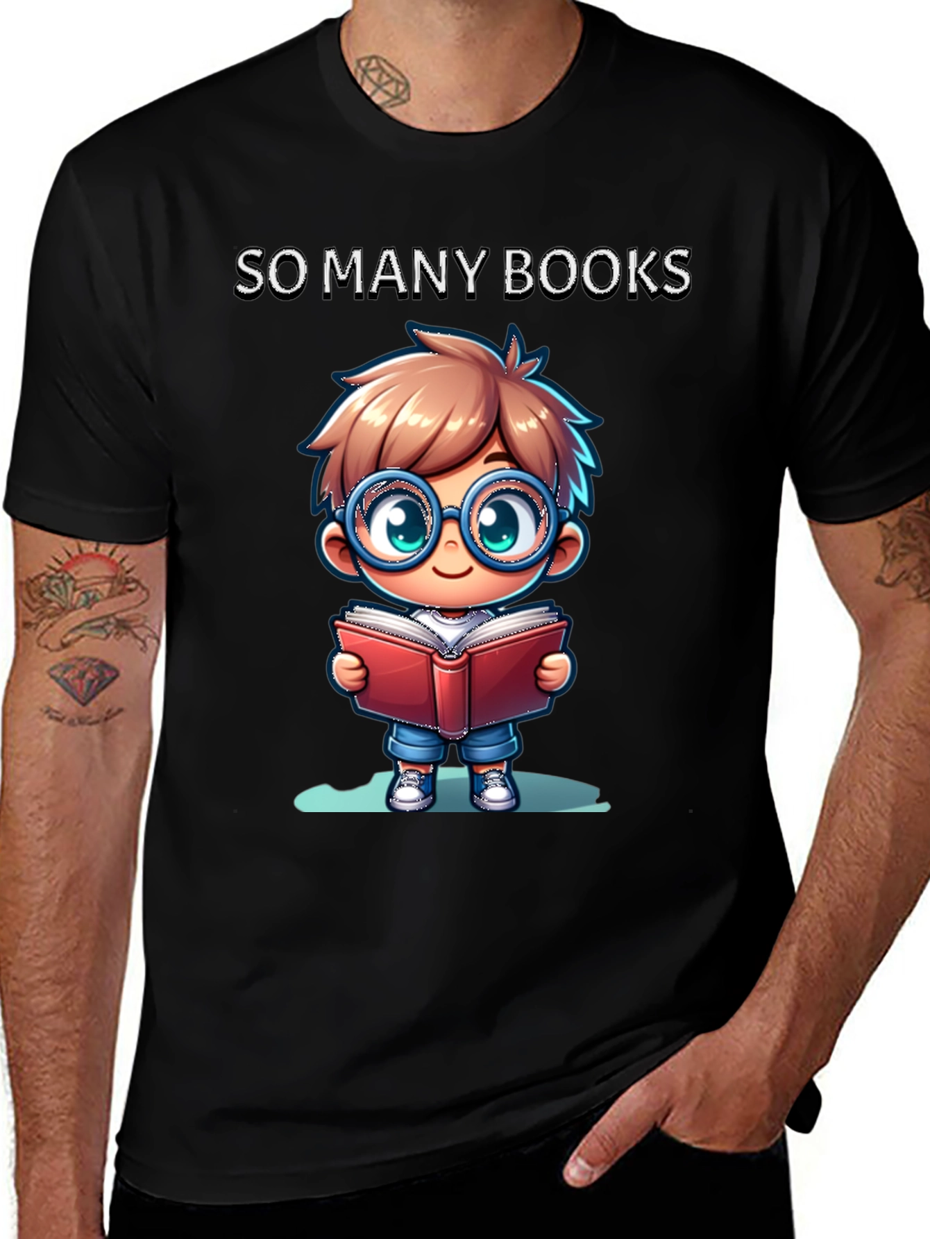 So Many Books T-Shirt: Cartoon Boy Reader