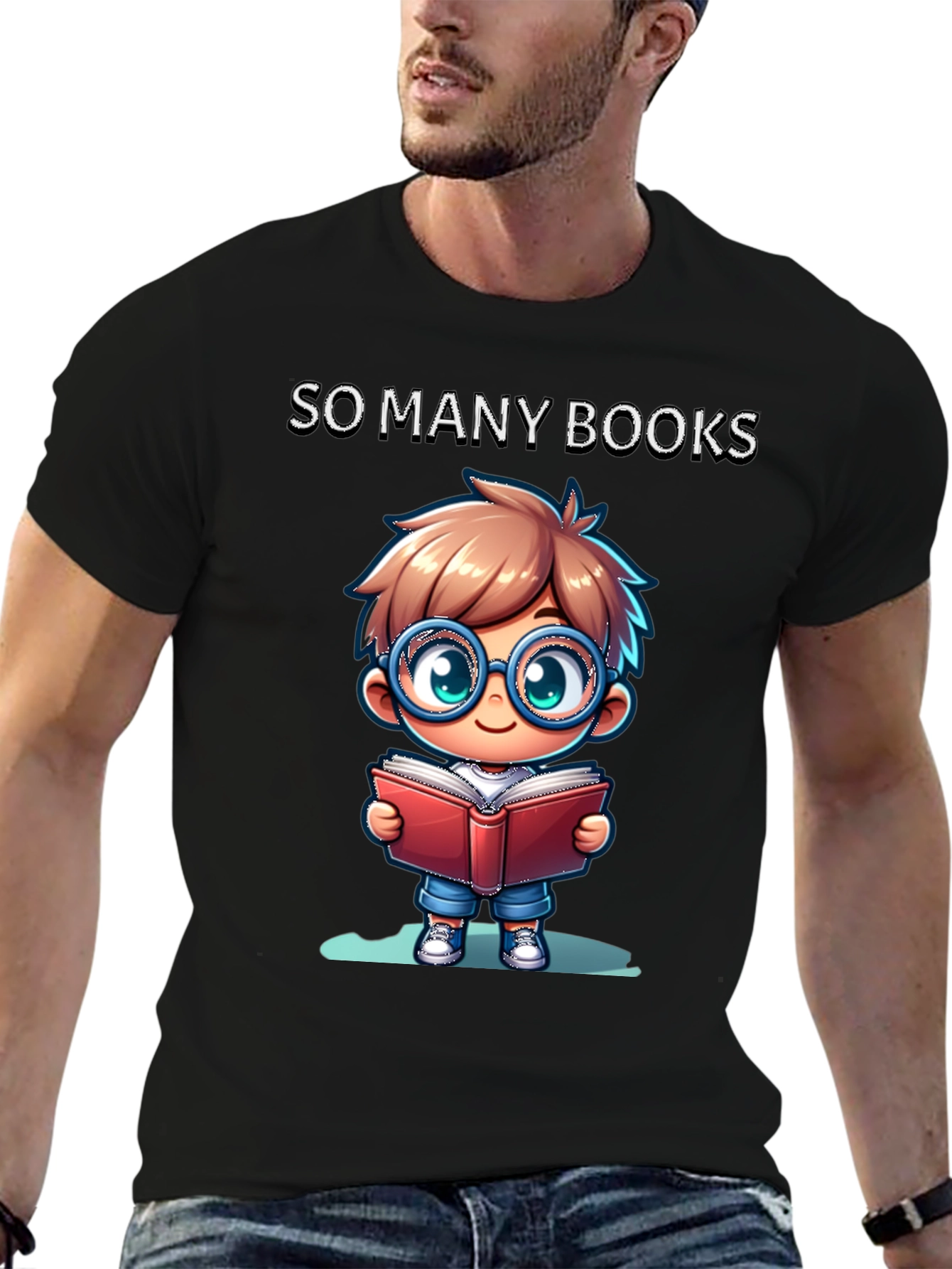 So Many Books T-Shirt: Cartoon Boy Reader