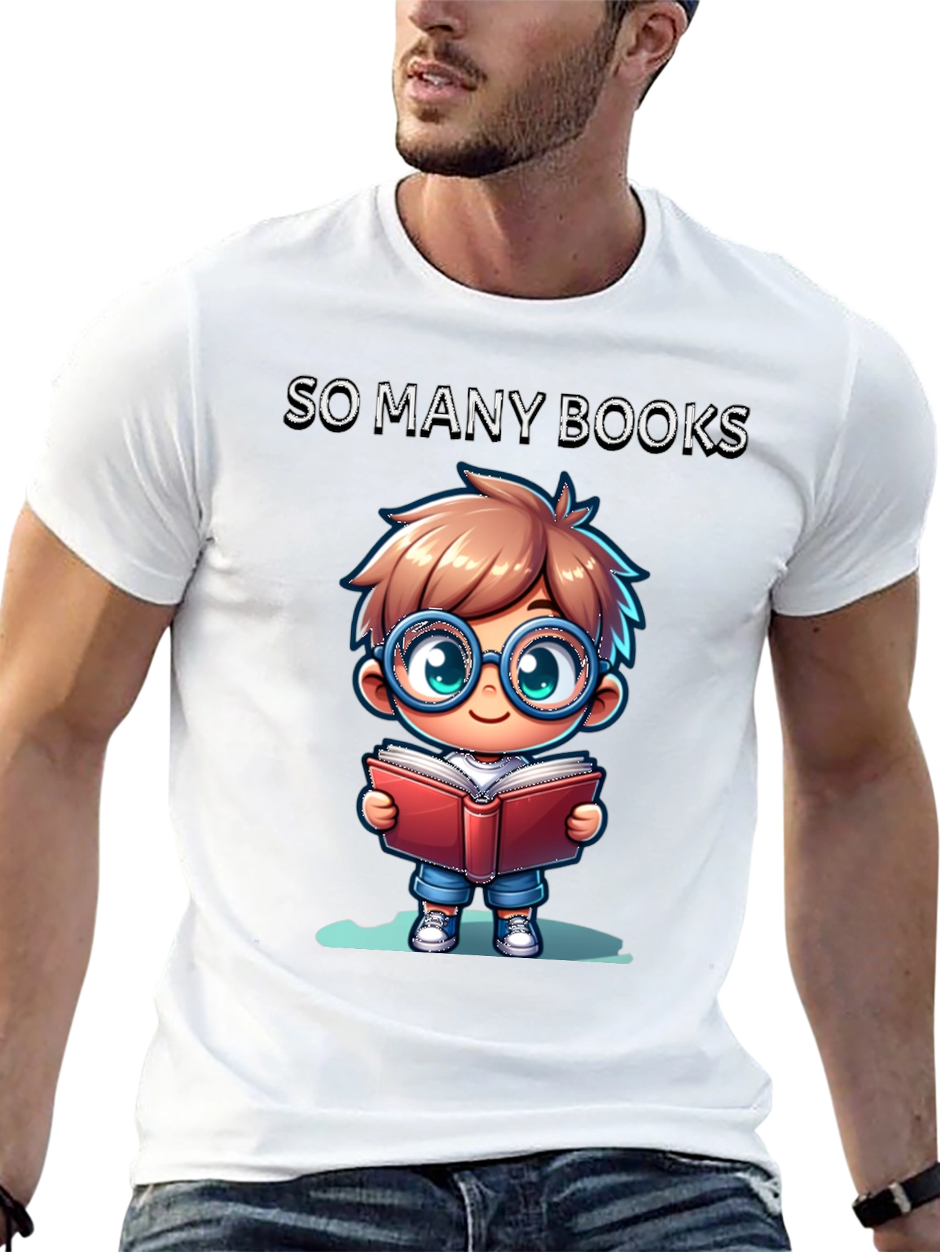 So Many Books T-Shirt: Cartoon Boy Reader