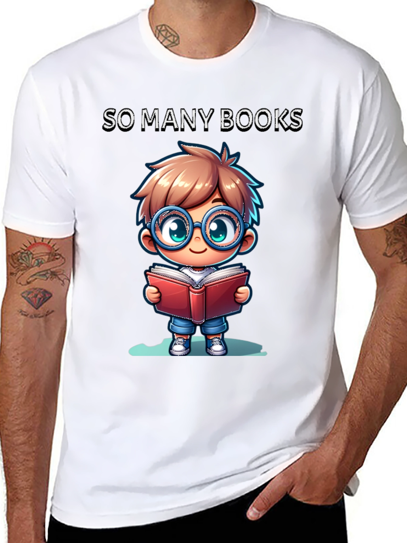 So Many Books T-Shirt: Cartoon Boy Reader