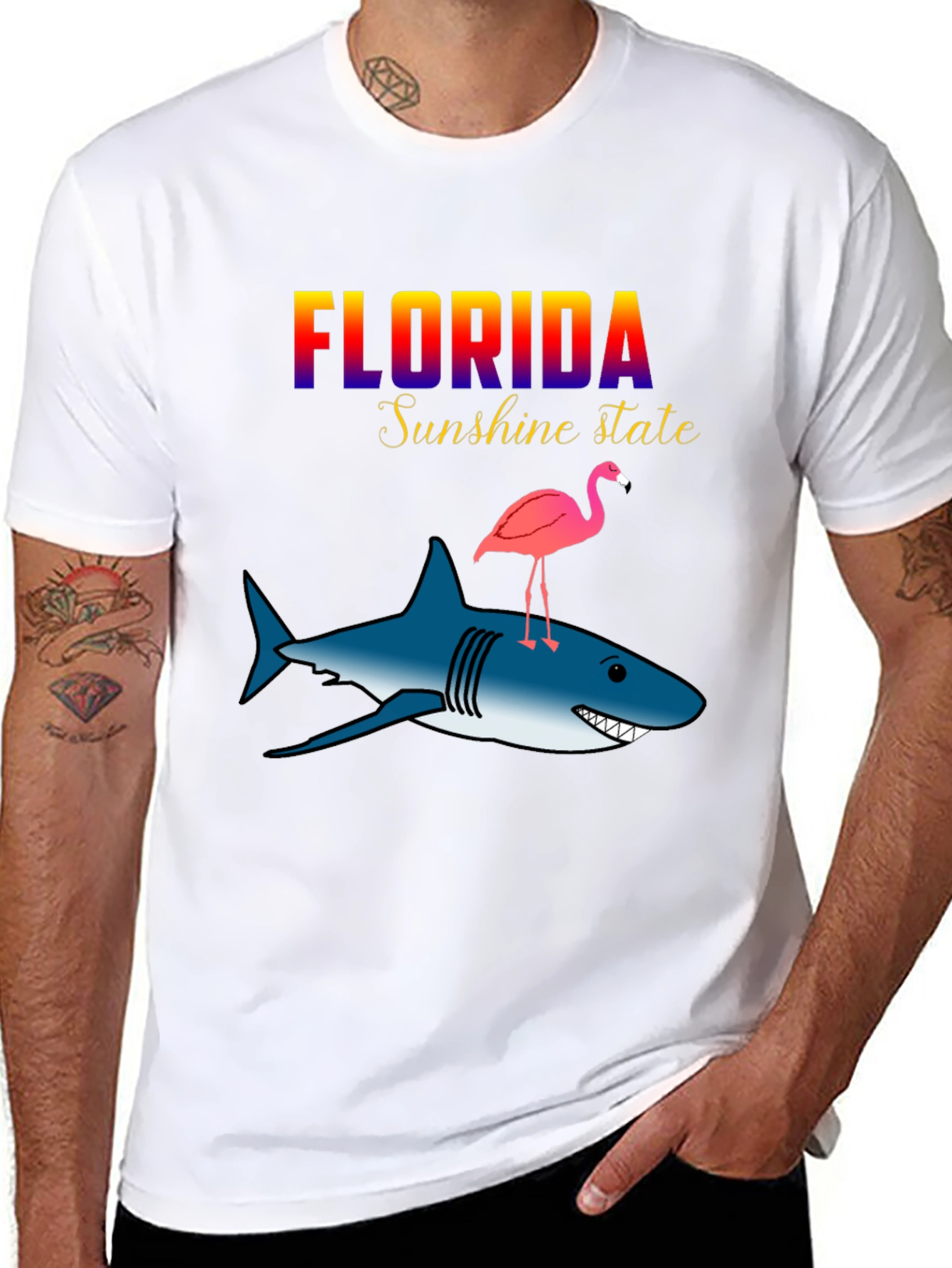 Florida Sunshine State Shark & Flamingo Graphic T-Shirt