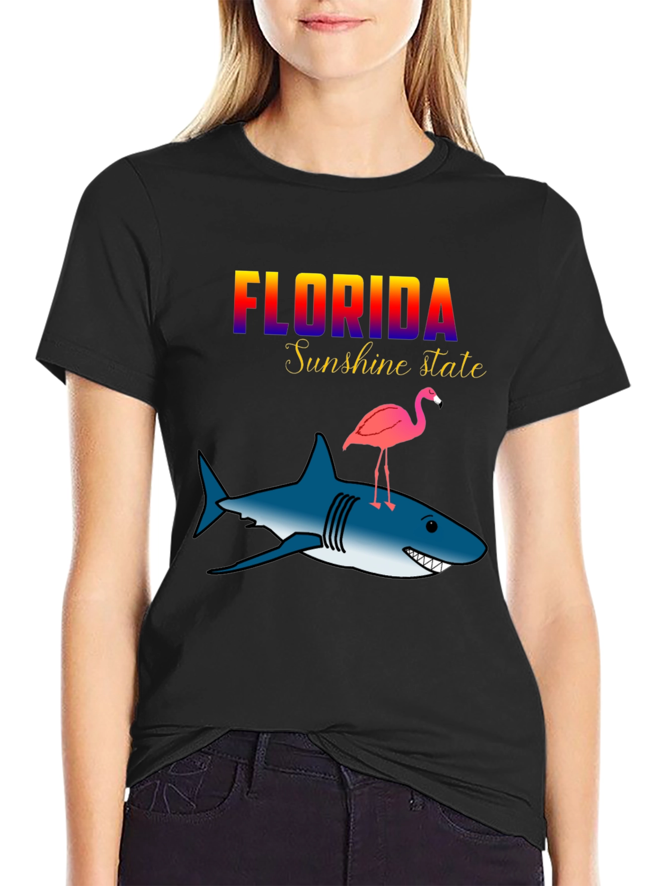 Florida Sunshine State Shark & Flamingo Graphic T-Shirt