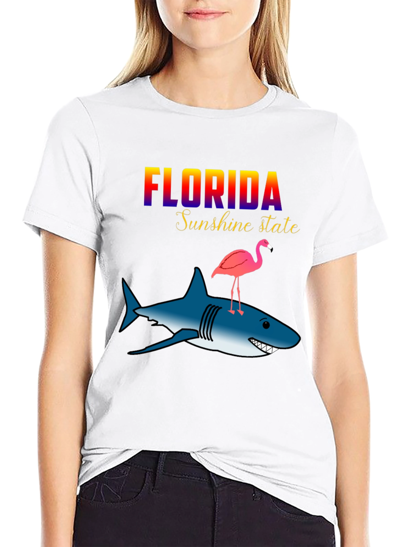 Florida Sunshine State Shark & Flamingo Graphic T-Shirt