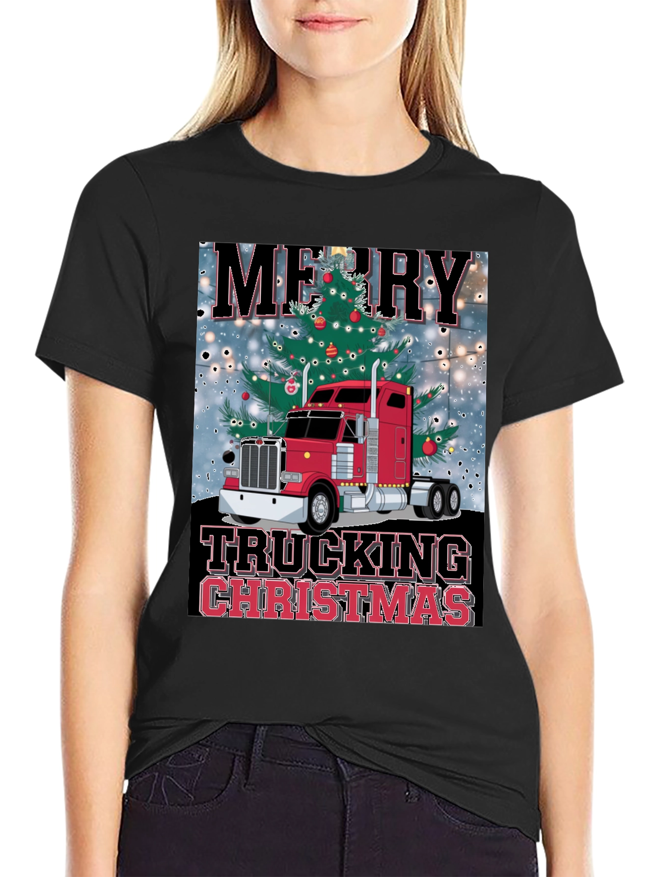 Merry Trucking Christmas Black T-Shirt