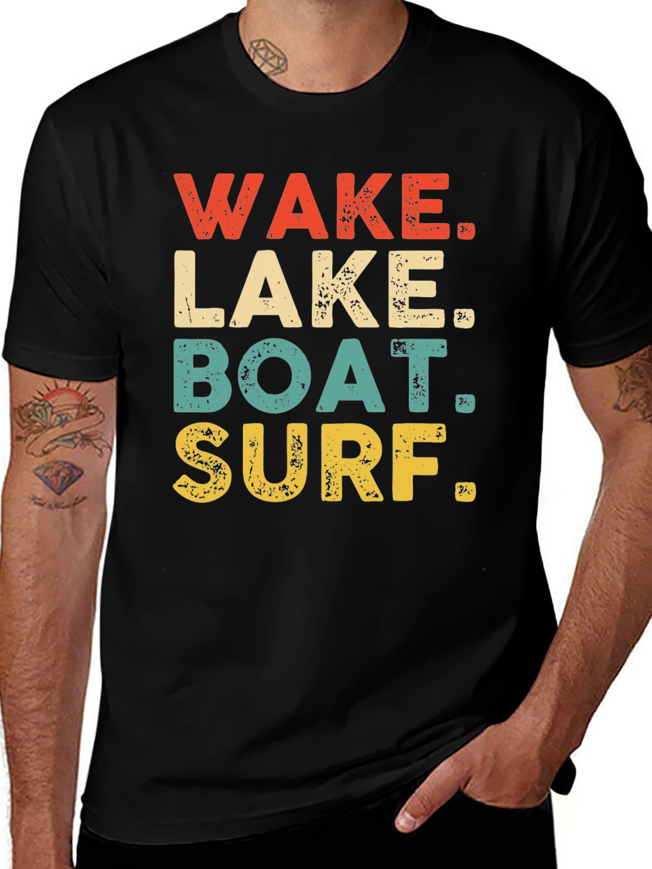 Wake Lake Boat Surf T-Shirt Black Casual Summer