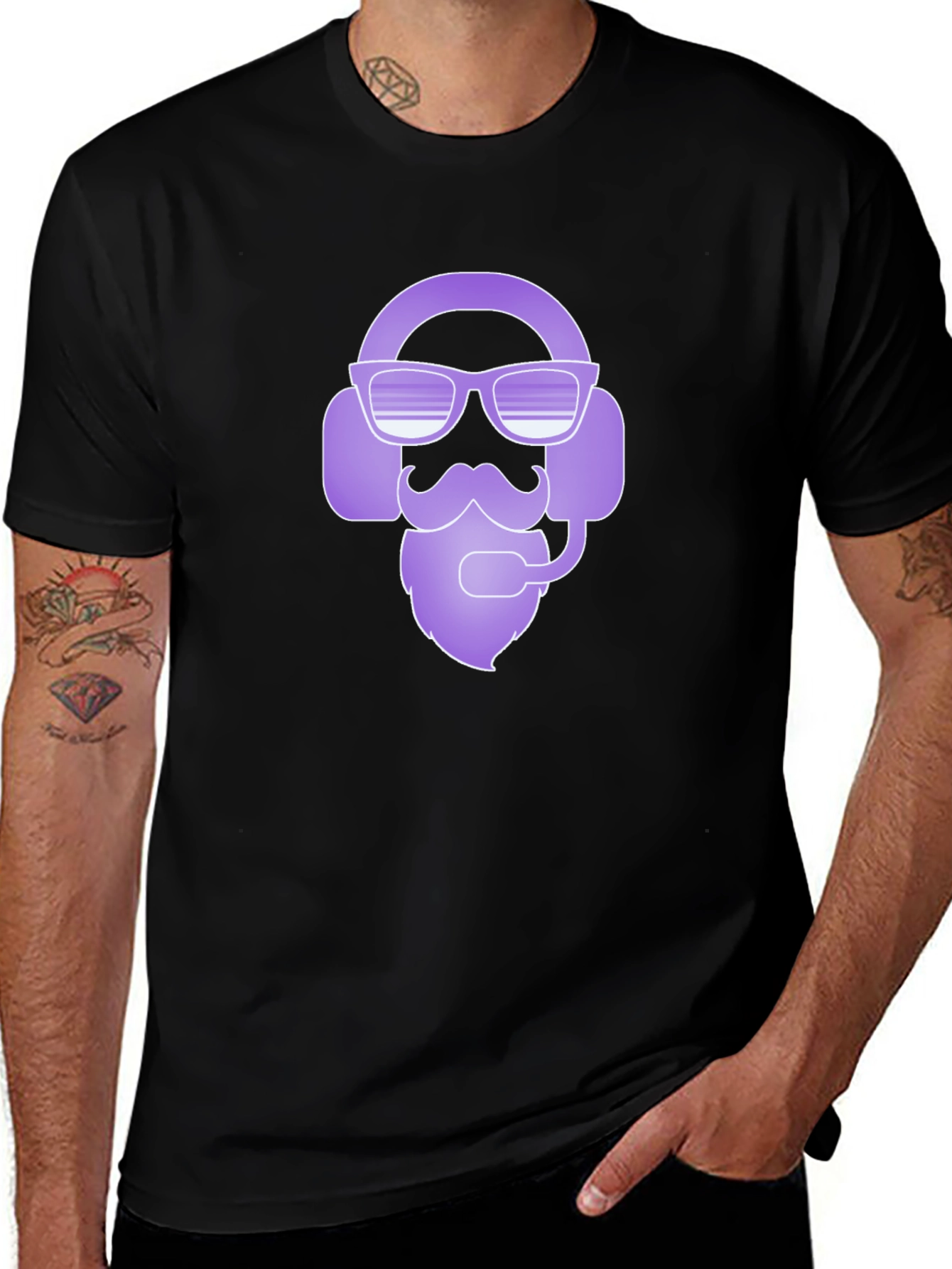 Cool Gamer Headset Beard Graphic Tee - Black