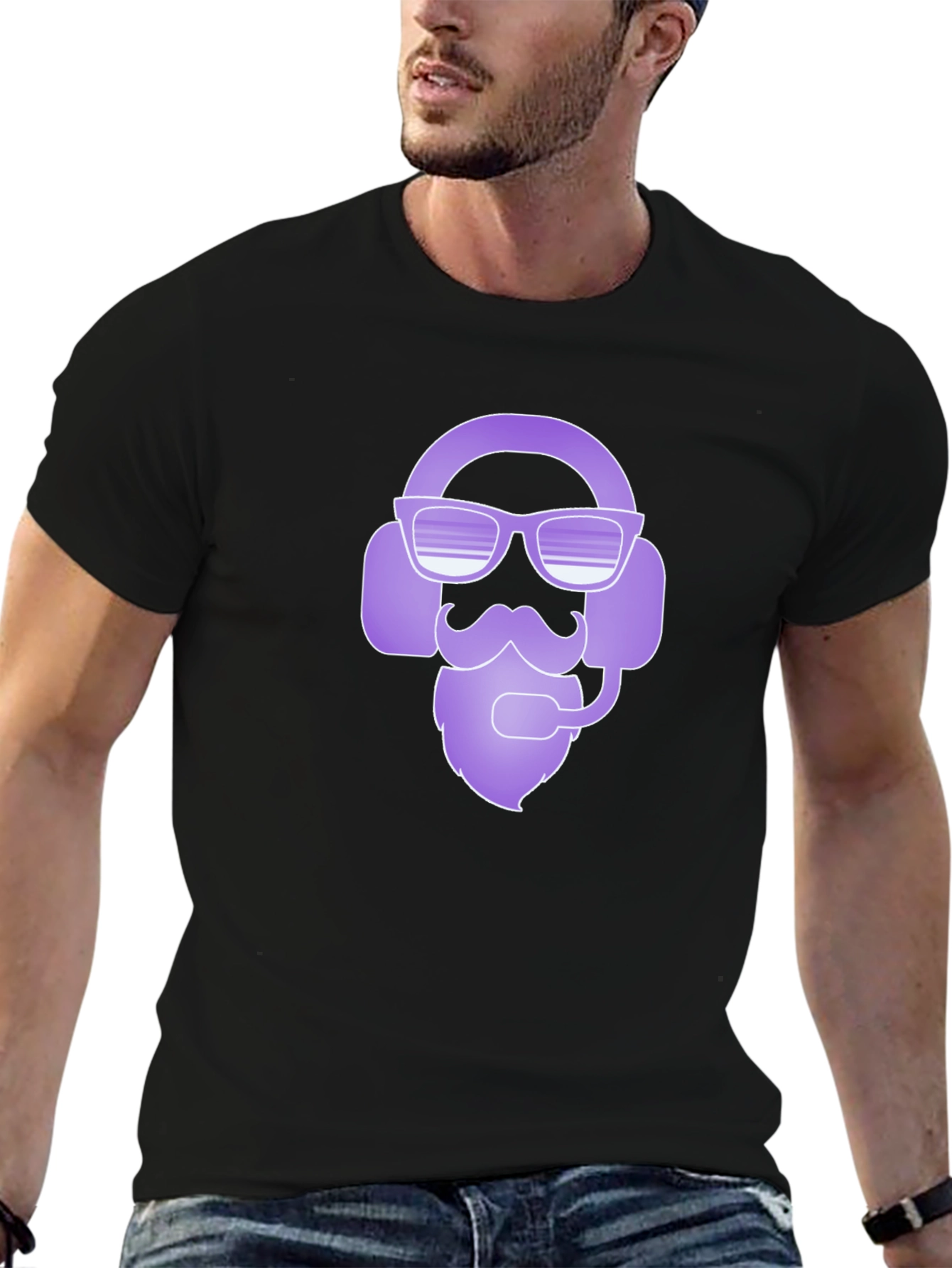 Cool Gamer Headset Beard Graphic Tee - Black
