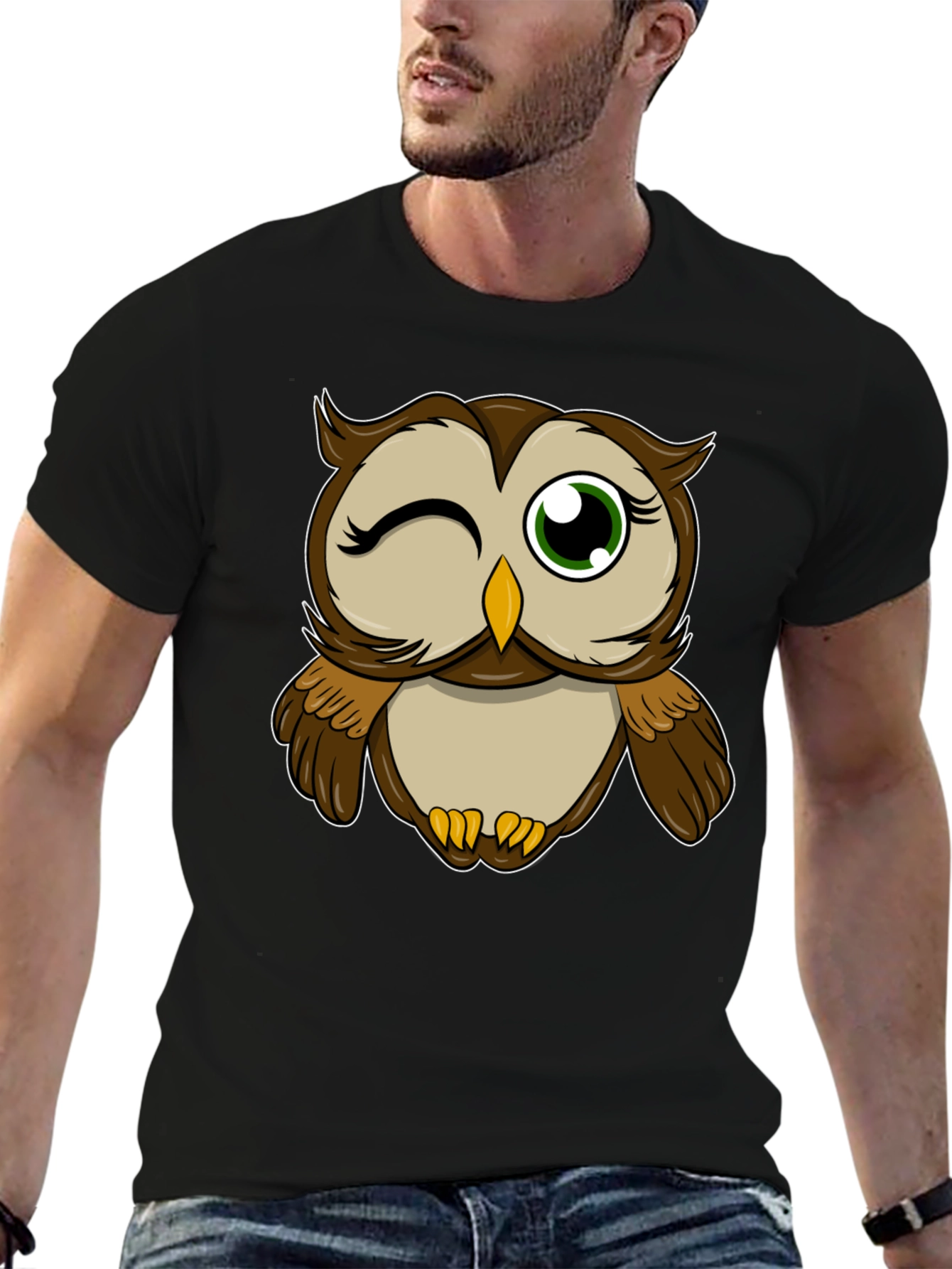 Winking Owl Graphic Tee - Black Cotton T-Shirt