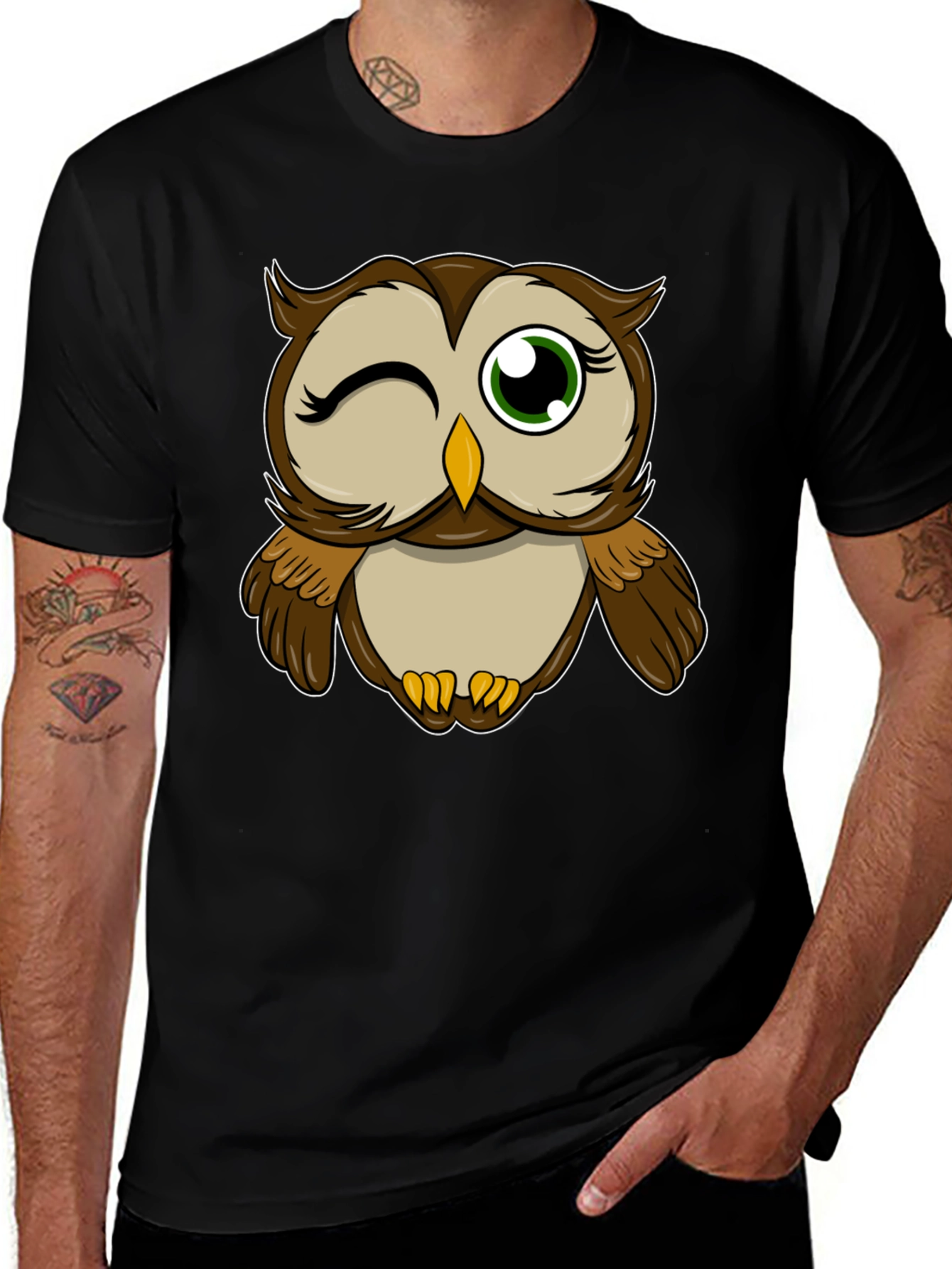 Winking Owl Graphic Tee - Black Cotton T-Shirt
