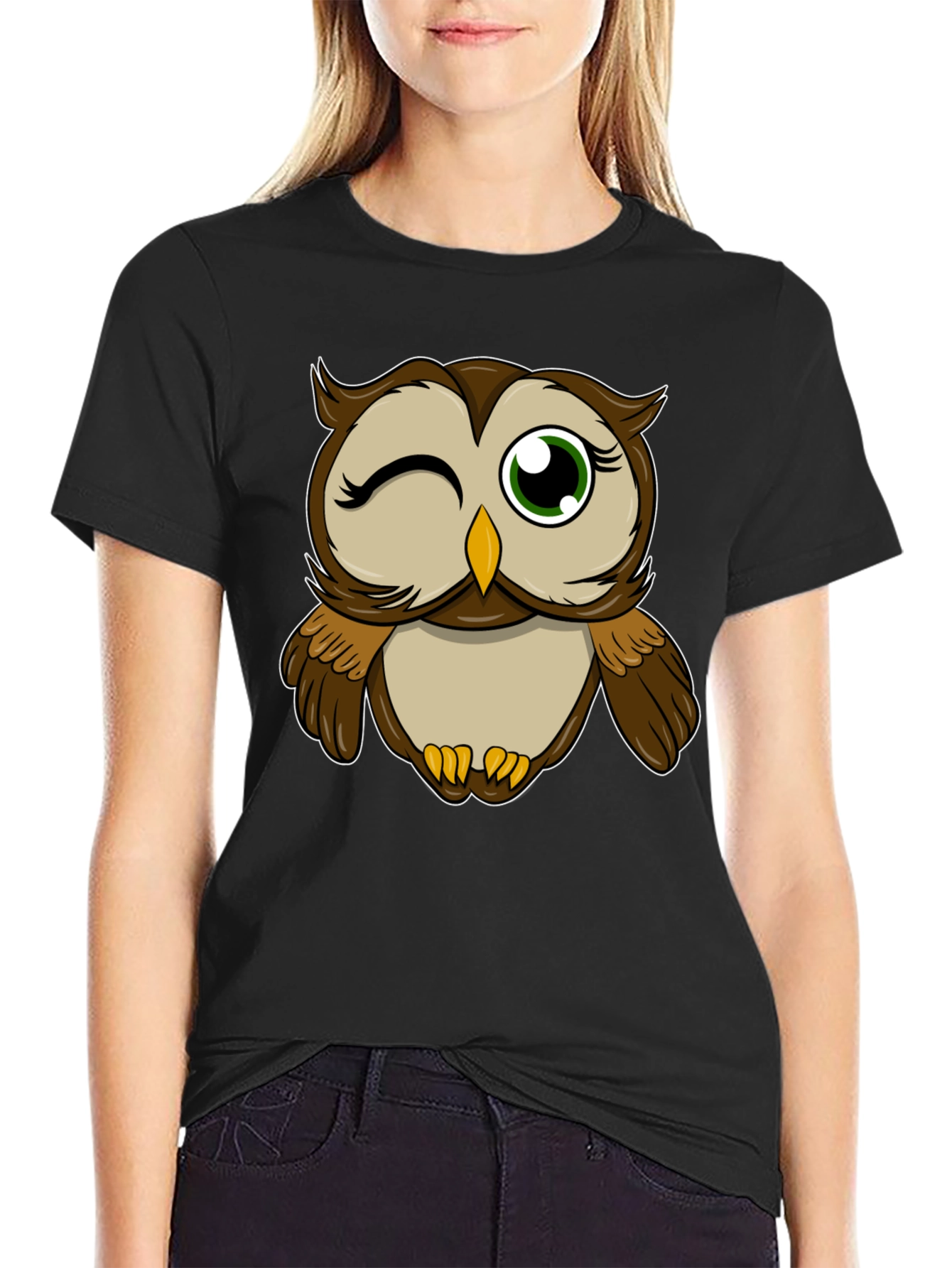 Winking Owl Graphic Tee - Black Cotton T-Shirt