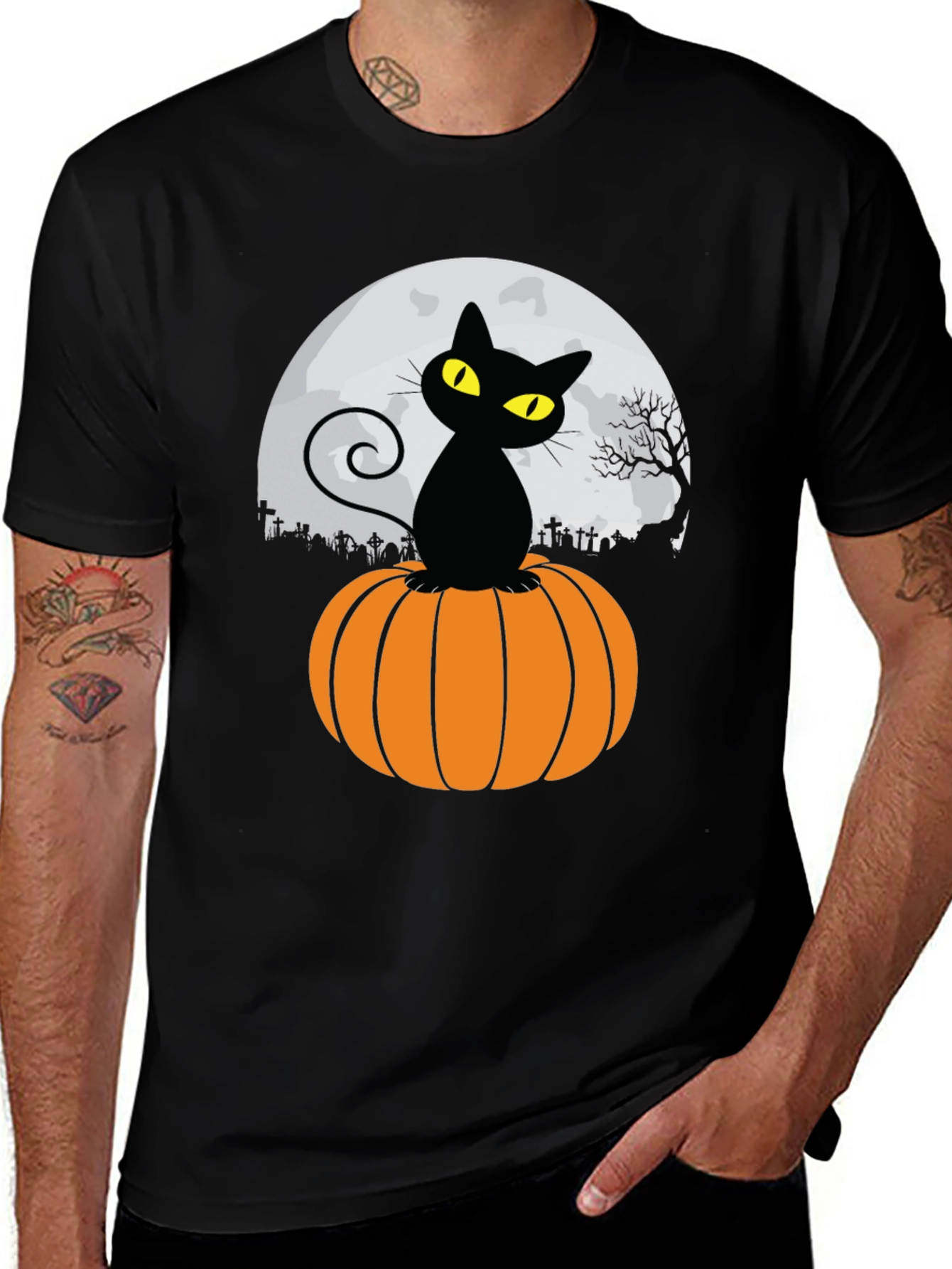 Halloween Black Cat Pumpkin Moon T-Shirt