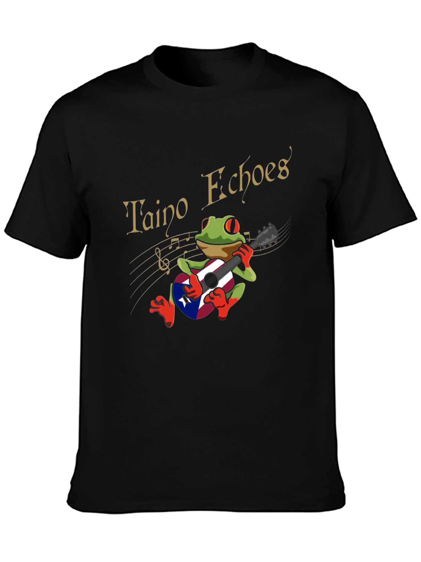 Taino Echoes Frog Puerto Rico Flag Guitar Black T-Shirt