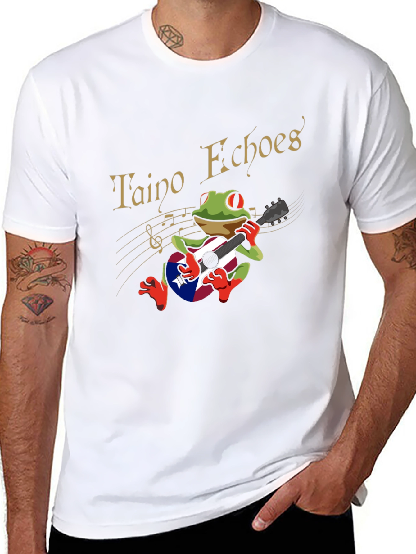 Taino Echoes Frog Puerto Rico Flag Guitar Black T-Shirt