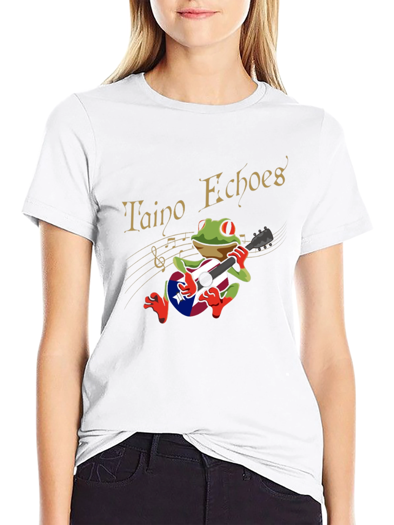Taino Echoes Frog Puerto Rico Flag Guitar Black T-Shirt