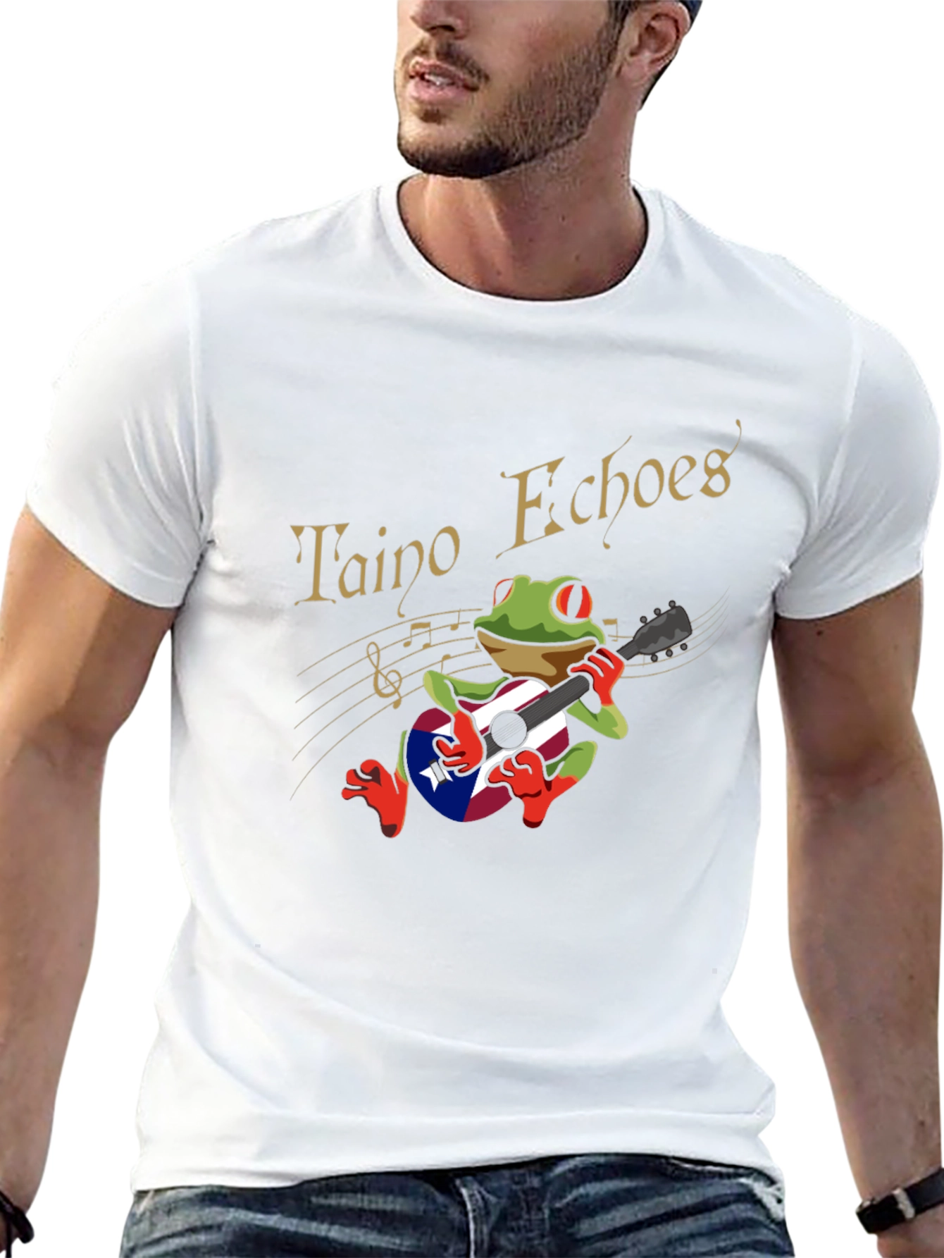 Taino Echoes Frog Puerto Rico Flag Guitar Black T-Shirt