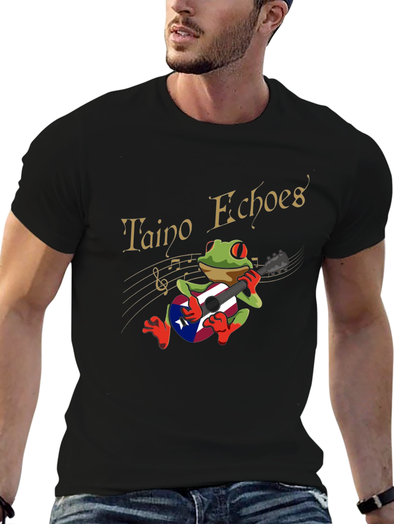 Taino Echoes Frog Puerto Rico Flag Guitar Black T-Shirt