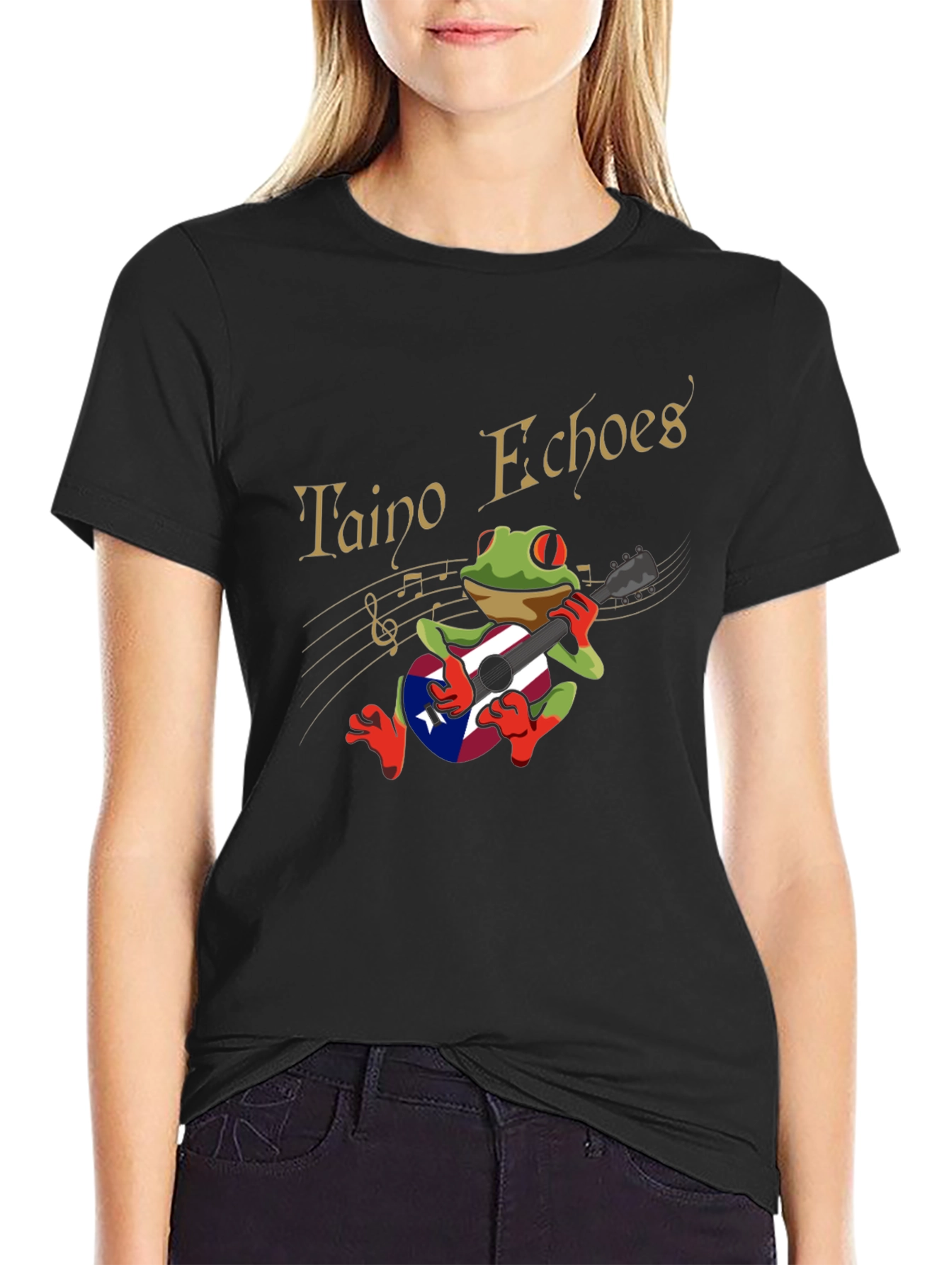 Taino Echoes Frog Puerto Rico Flag Guitar Black T-Shirt