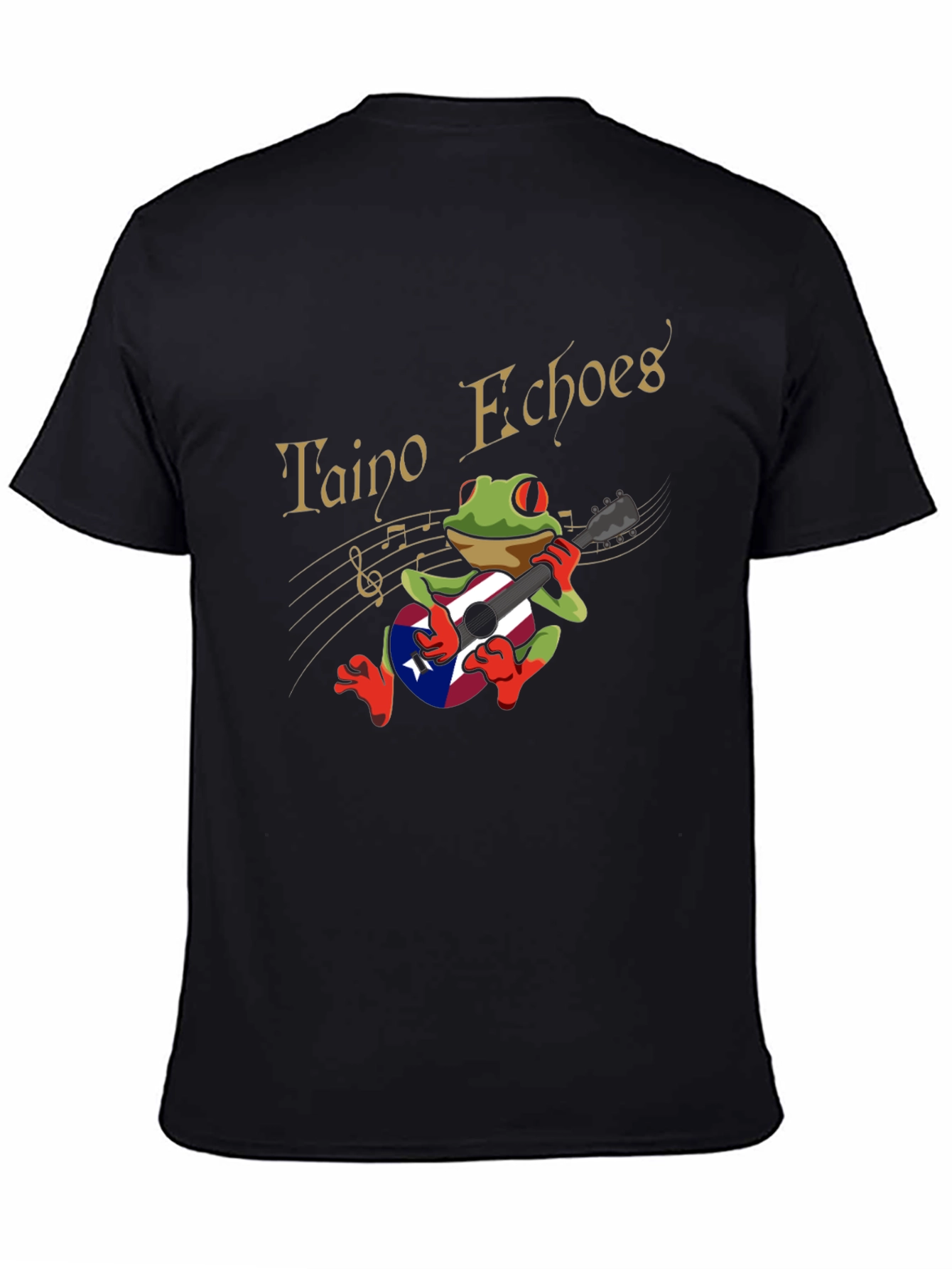 Taino Echoes Frog Puerto Rico Flag Guitar Black T-Shirt