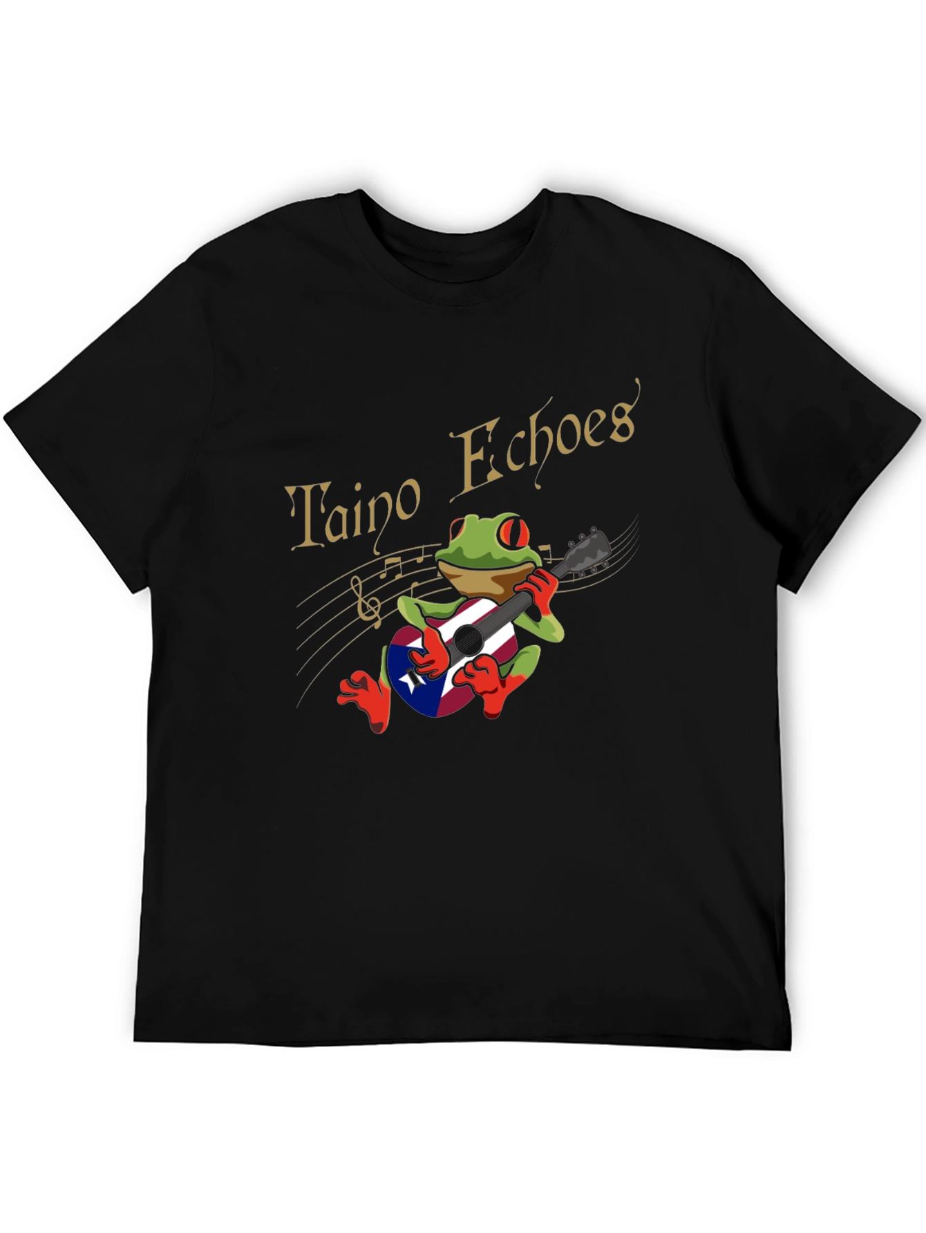 Taino Echoes Frog Puerto Rico Flag Guitar Black T-Shirt