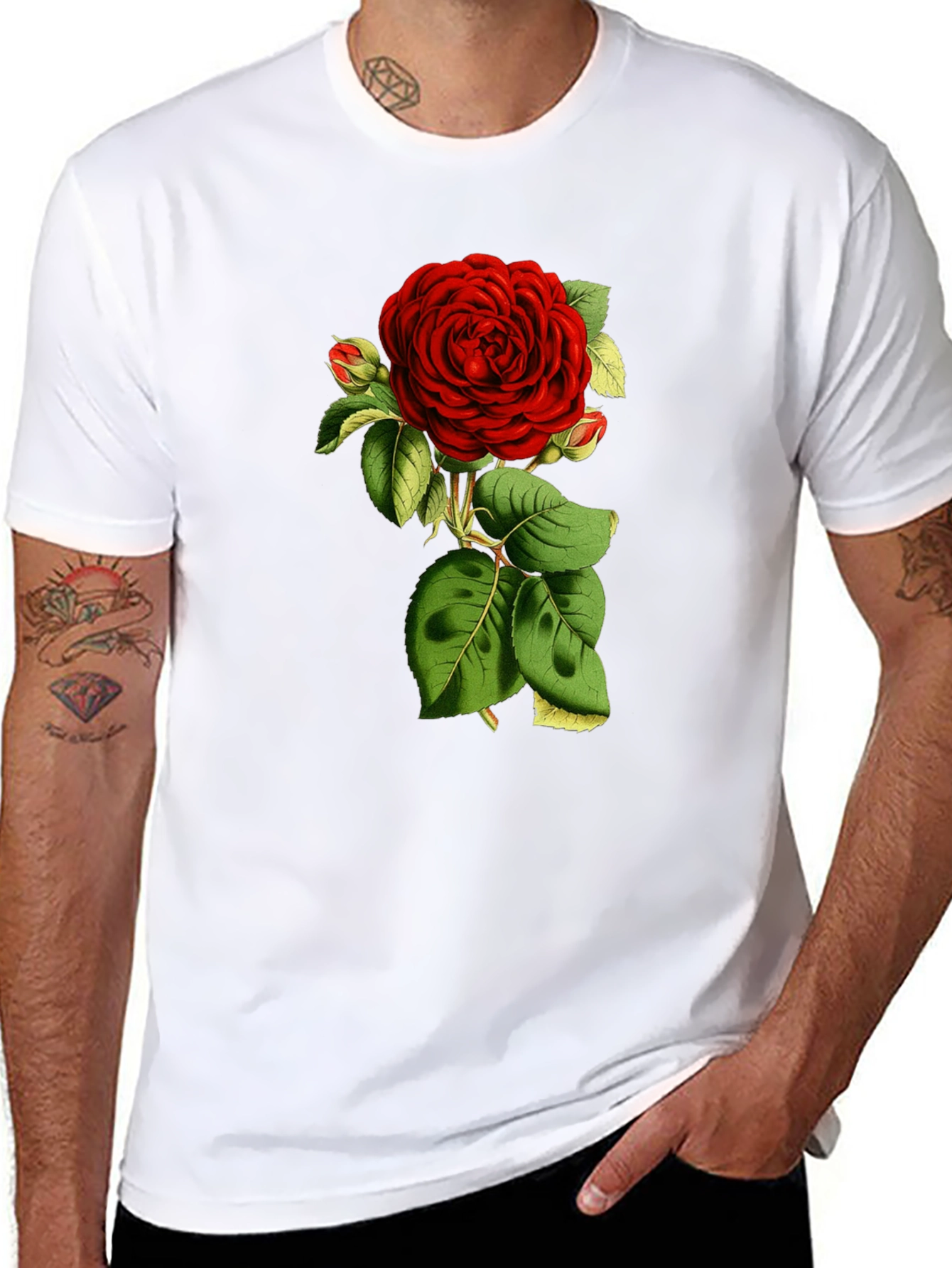 Black T-Shirt with Red Rose Graphic