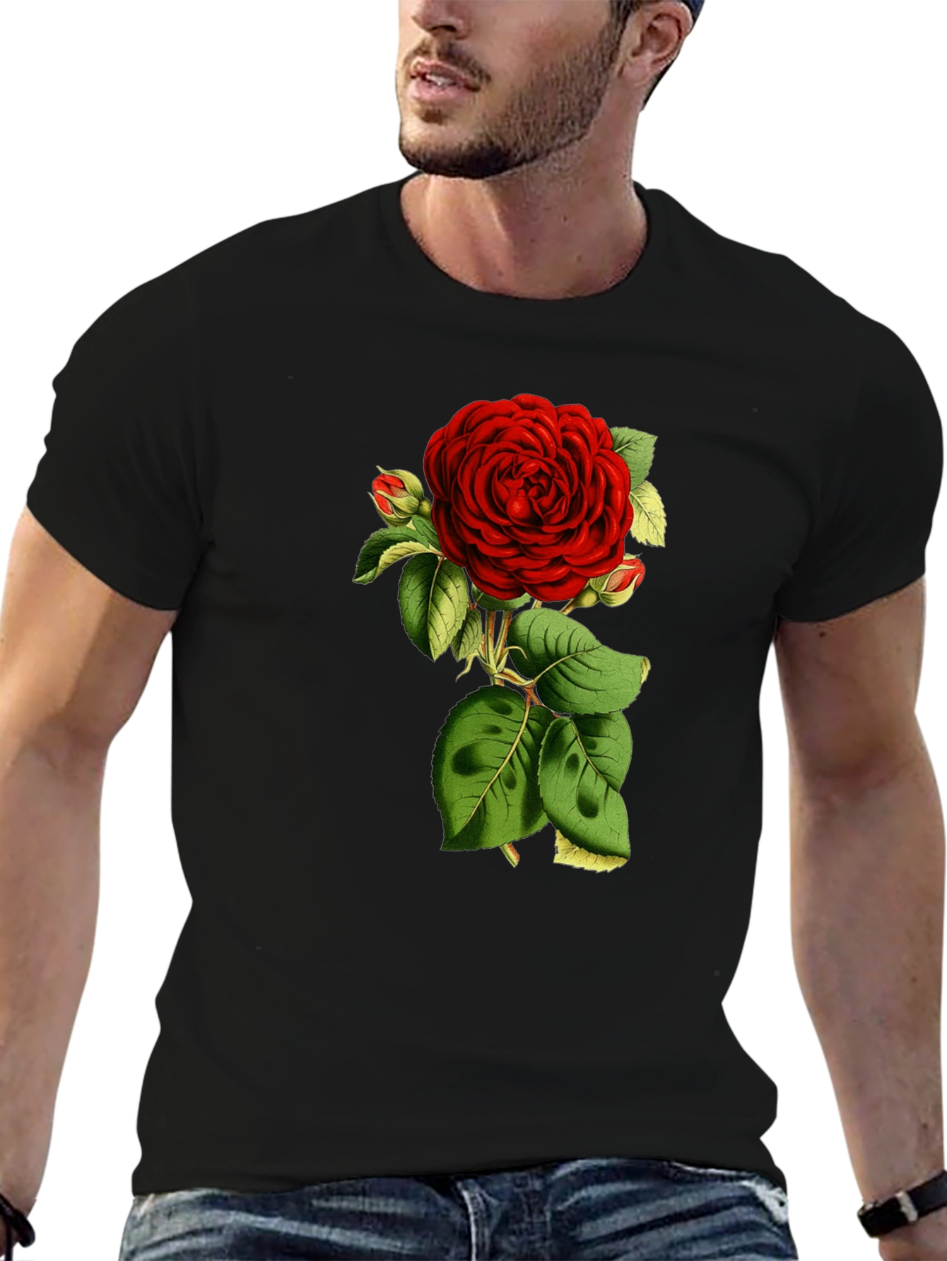 Black T-Shirt with Red Rose Graphic