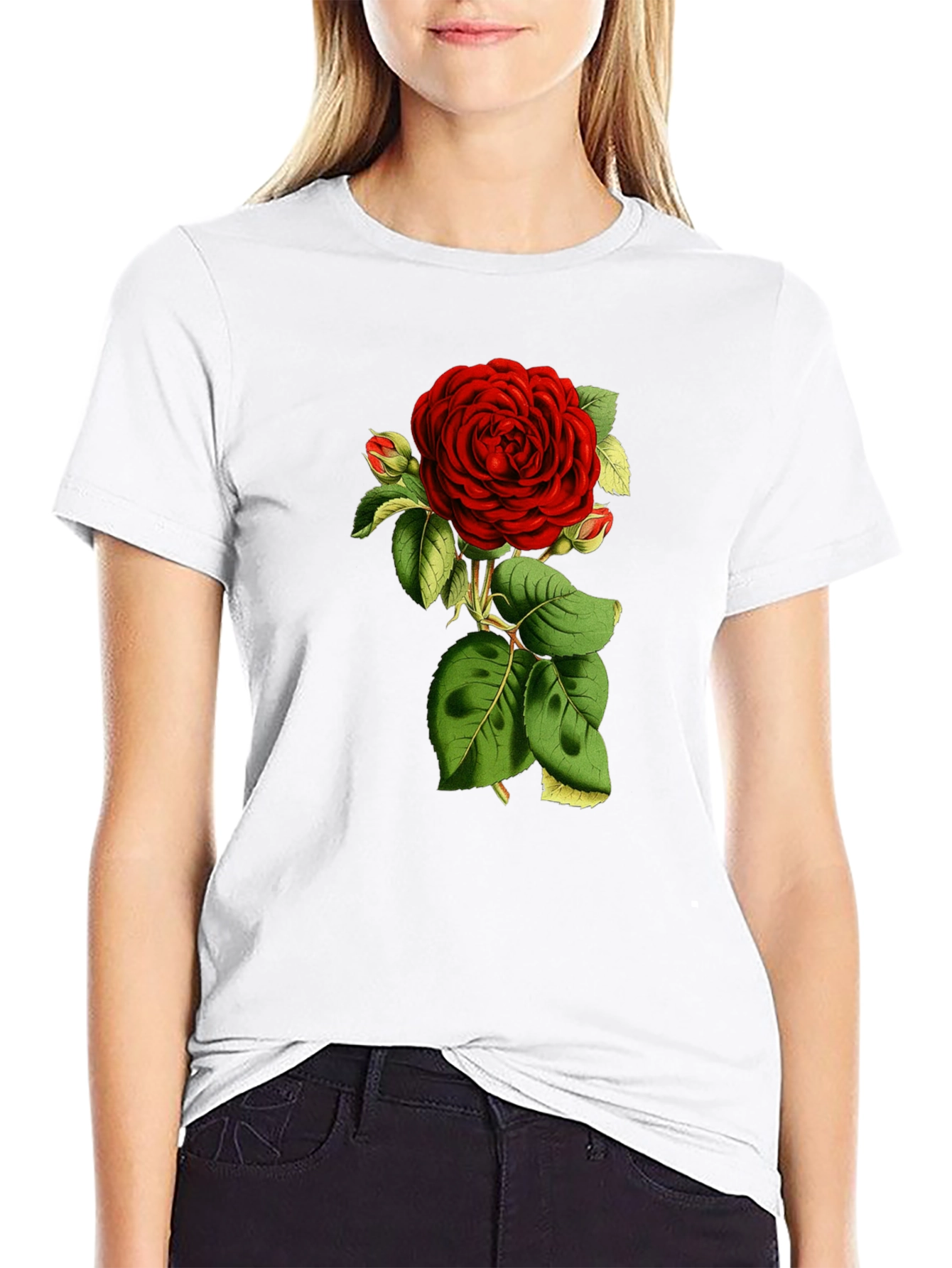 Black T-Shirt with Red Rose Graphic