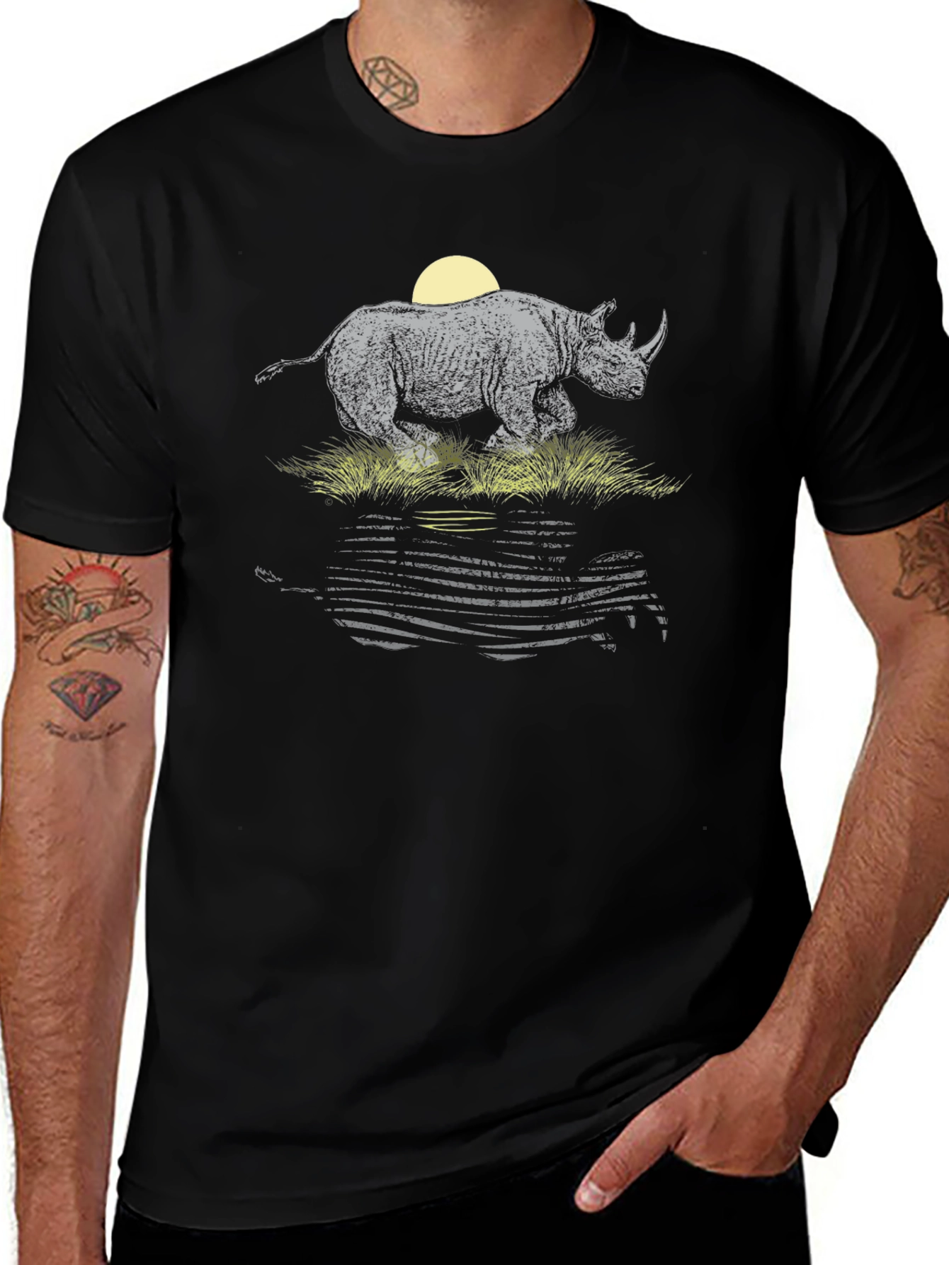 Rhino Sunset Graphic Tee - Black Cotton T-Shirt