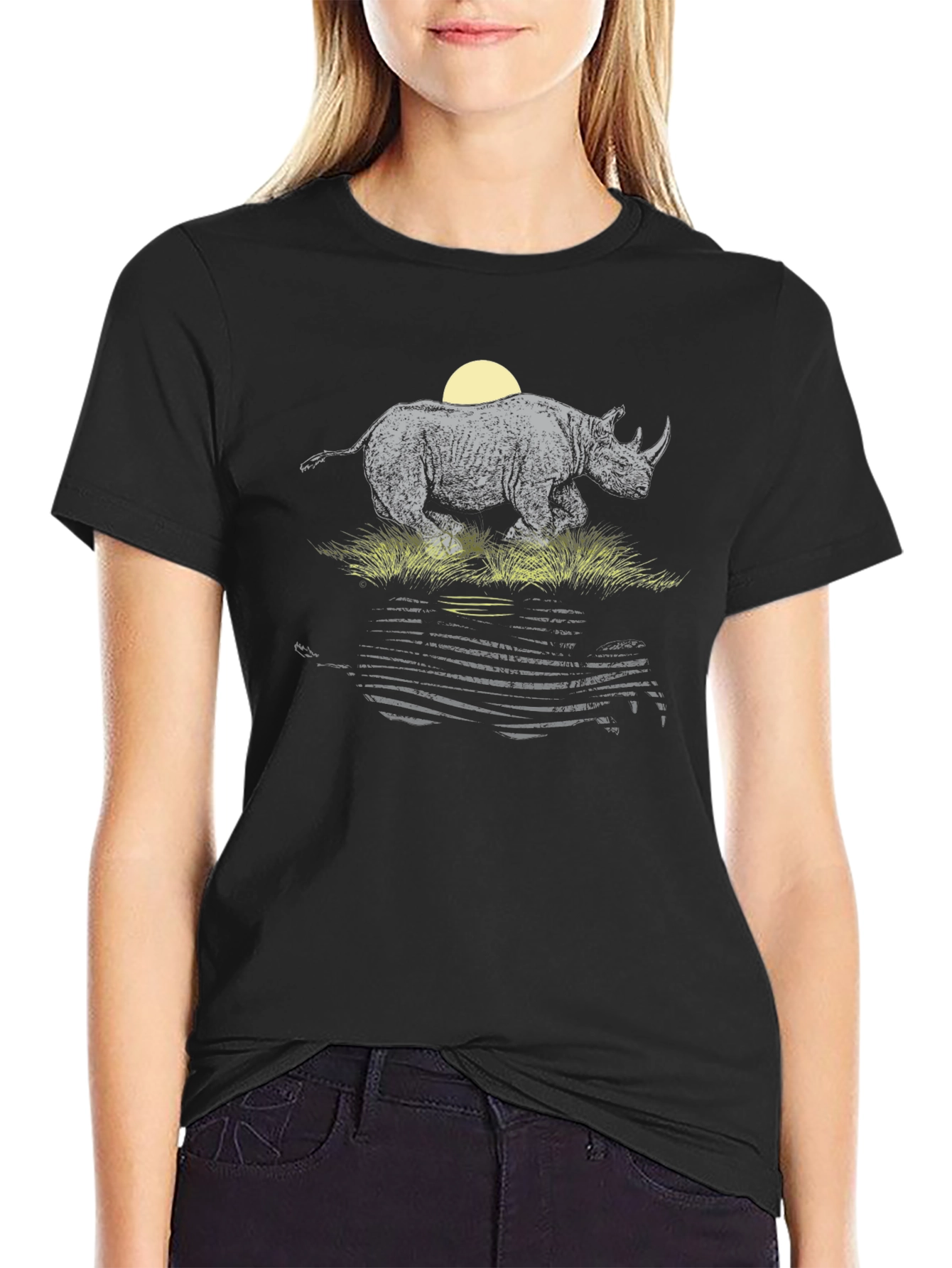 Rhino Sunset Graphic Tee - Black Cotton T-Shirt