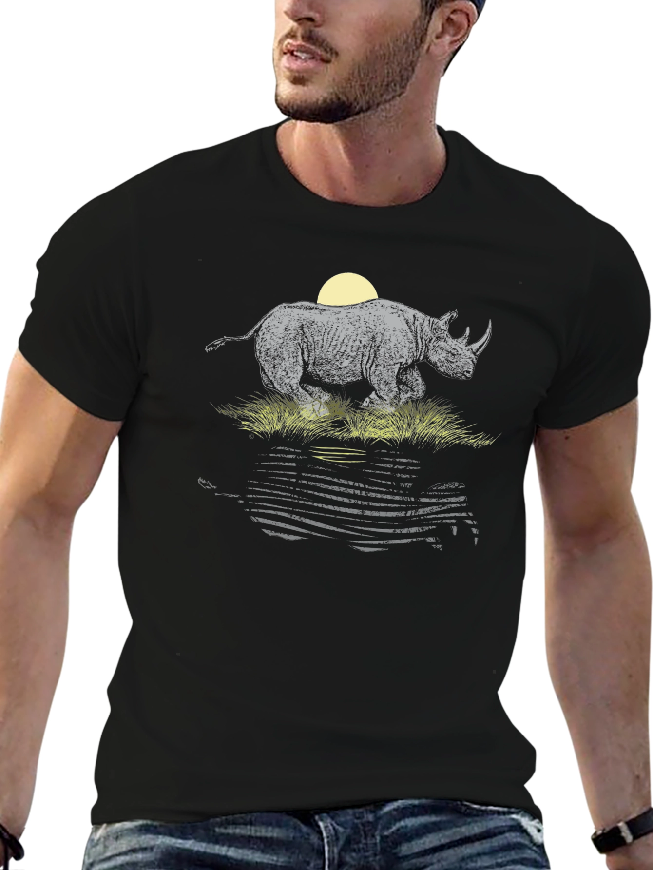 Rhino Sunset Graphic Tee - Black Cotton T-Shirt