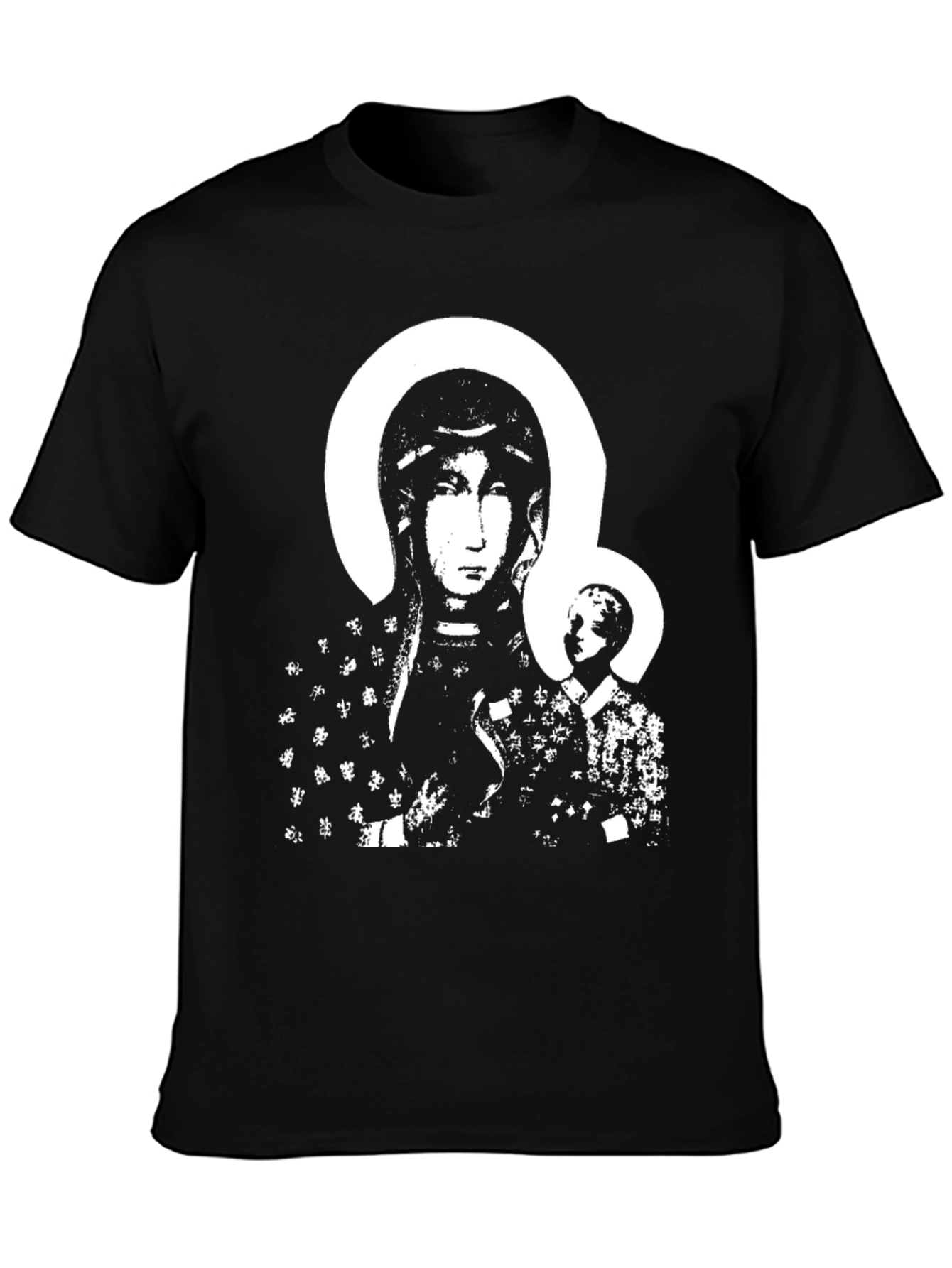 Black T-Shirt with Religious Icon Print